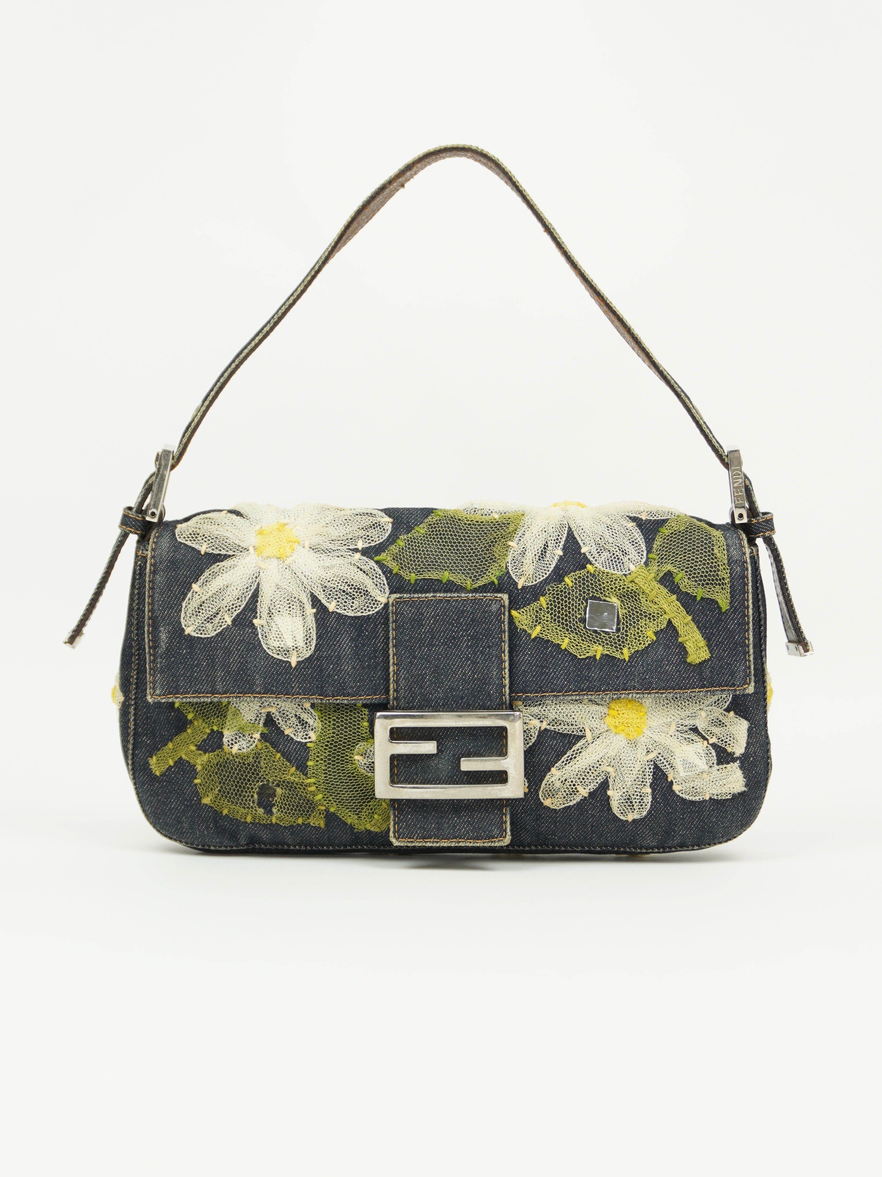 FENDI DENIM BAGUETTE WITH FLOWER DETAILING