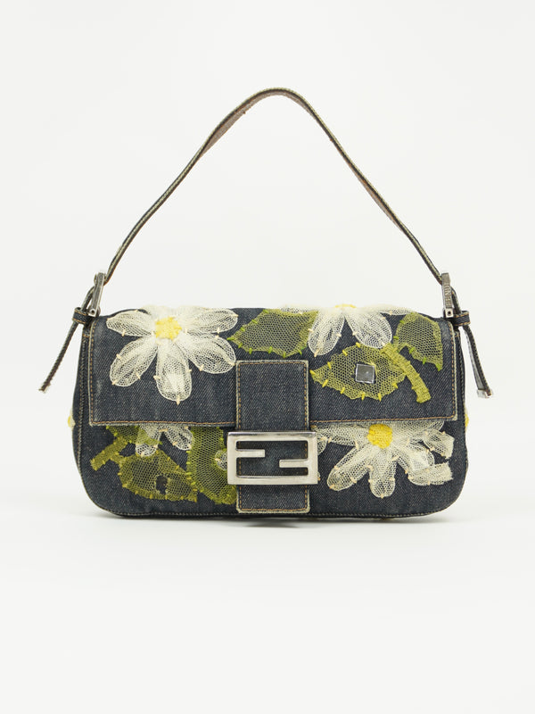 FENDI DENIM BAGUETTE WITH FLOWER DETAILING