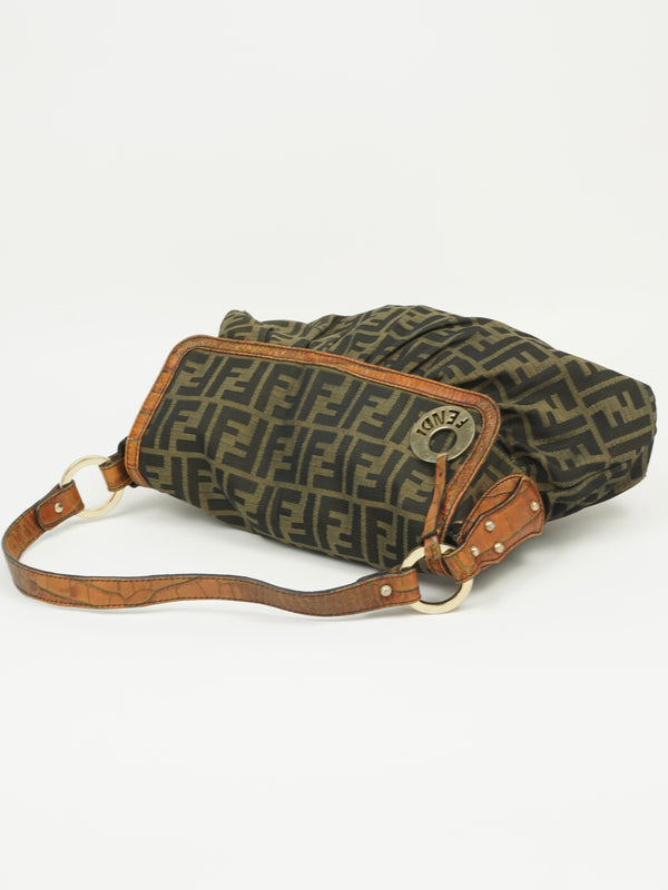 FENDI ZUCCA SHOULDER BAG WITH CROCODILE EMBOSSED TRIM