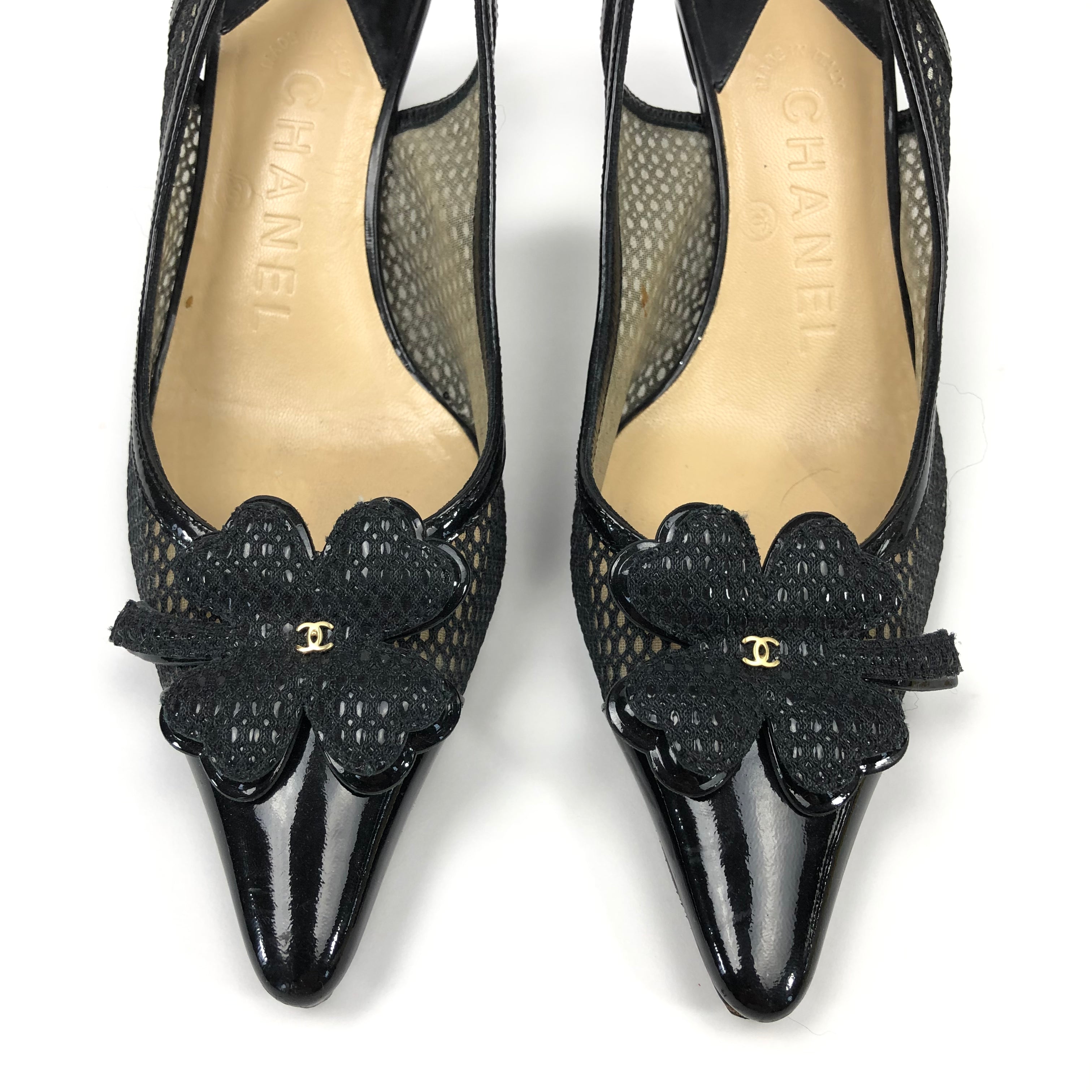 CHANEL LOGO SLING-BACK MULE HEELS