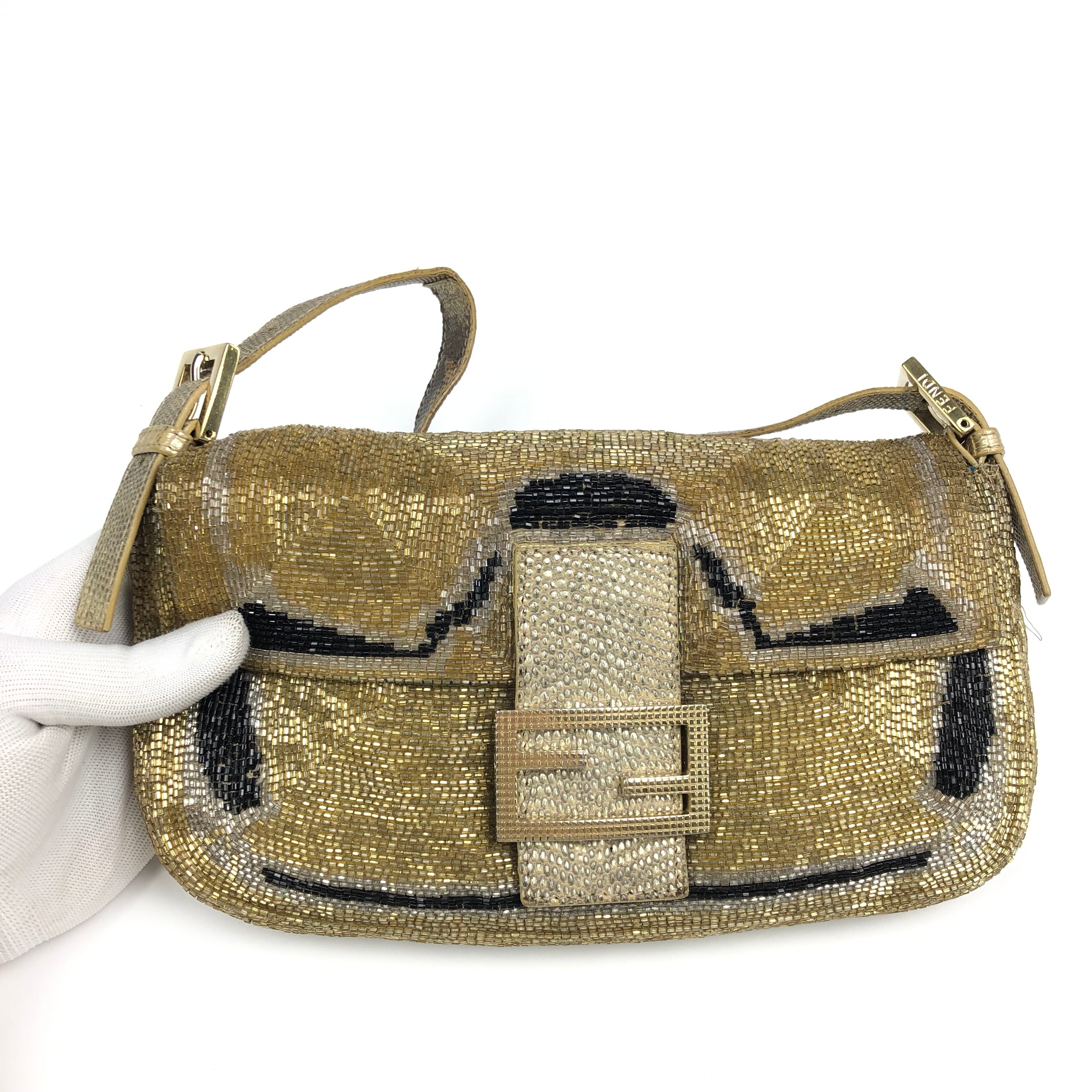 FENDI BEADED GOLD BAGUETTE BAG