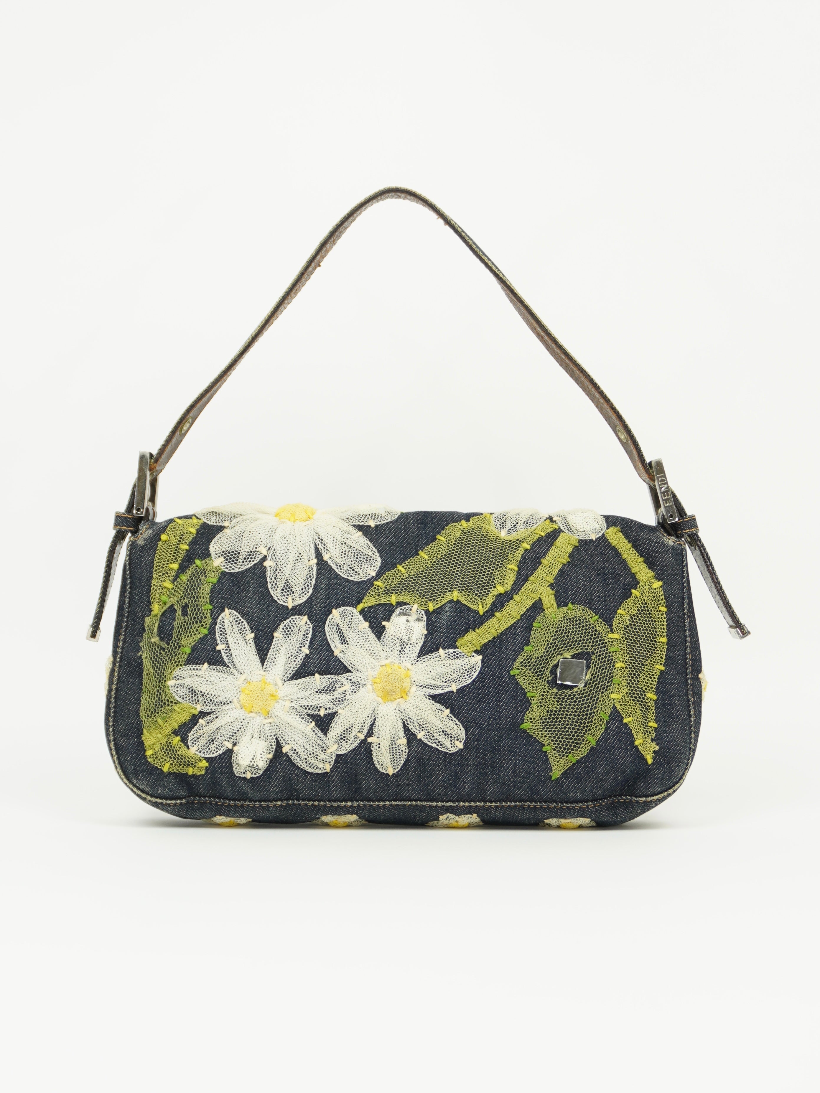 FENDI DENIM BAGUETTE WITH FLOWER DETAILING
