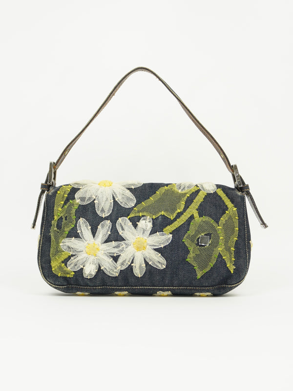FENDI DENIM BAGUETTE WITH FLOWER DETAILING