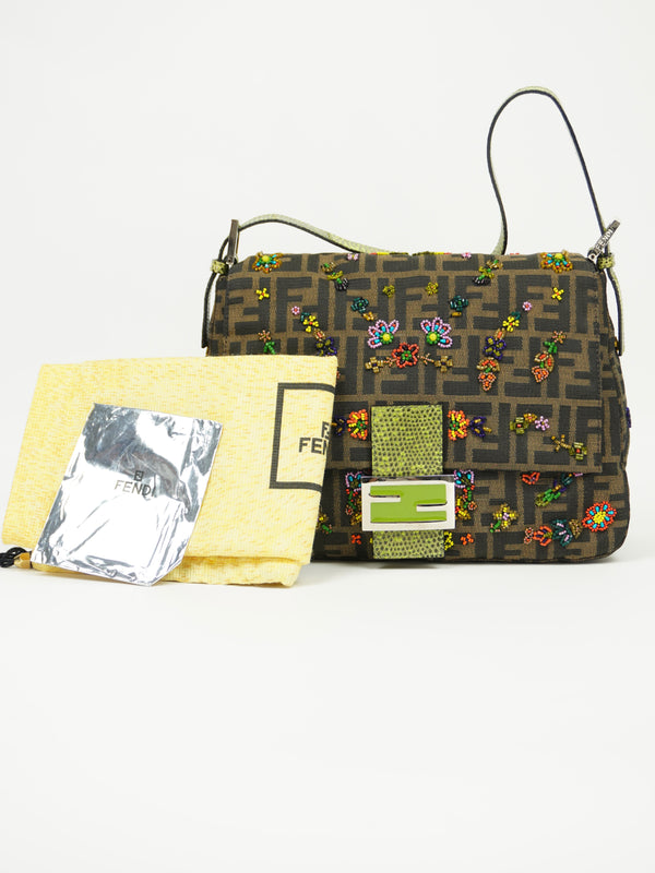 FENDI MAMA BEADED BAGUETTE WITH LIZARD TRIM