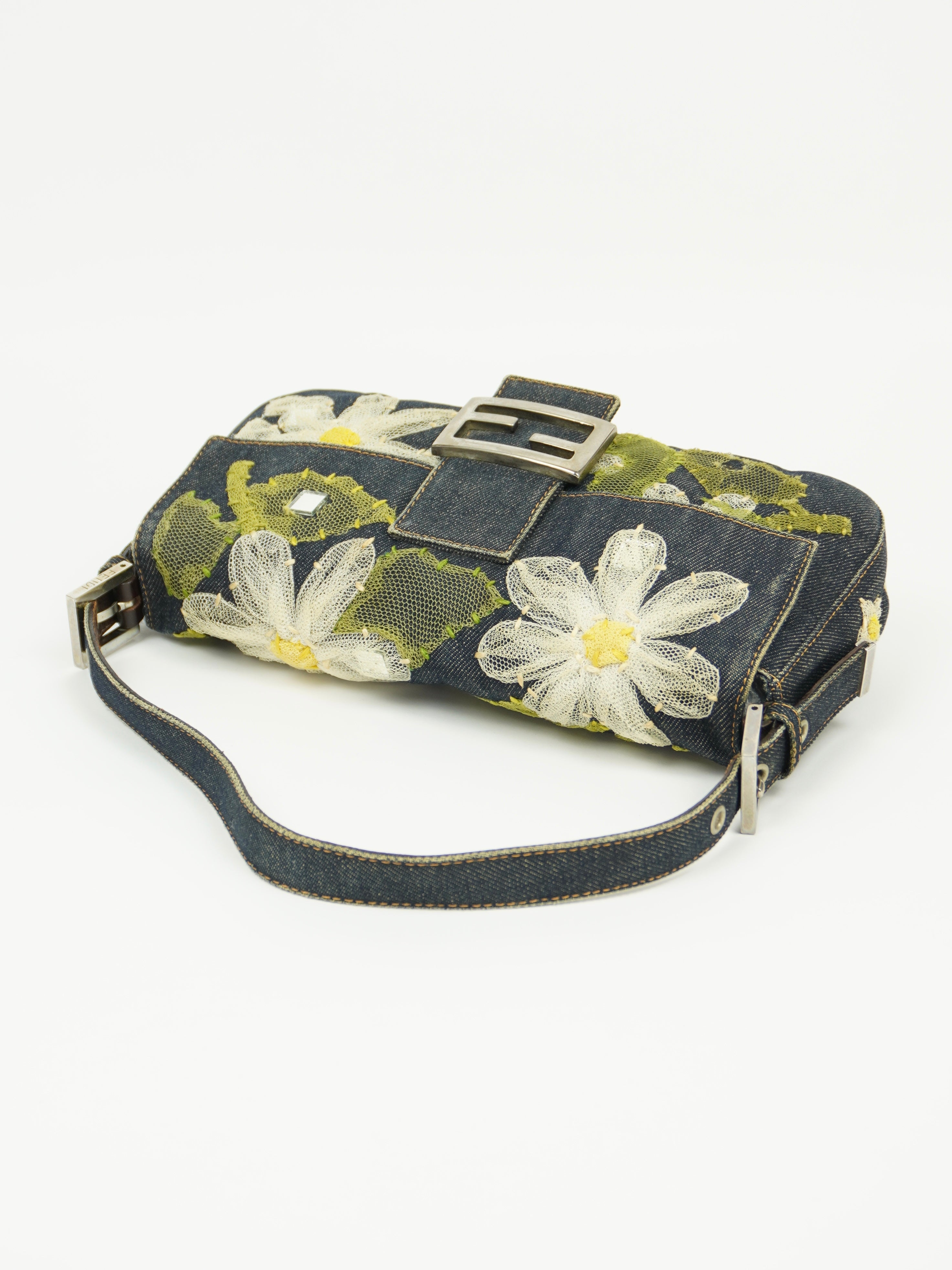 FENDI DENIM BAGUETTE WITH FLOWER DETAILING
