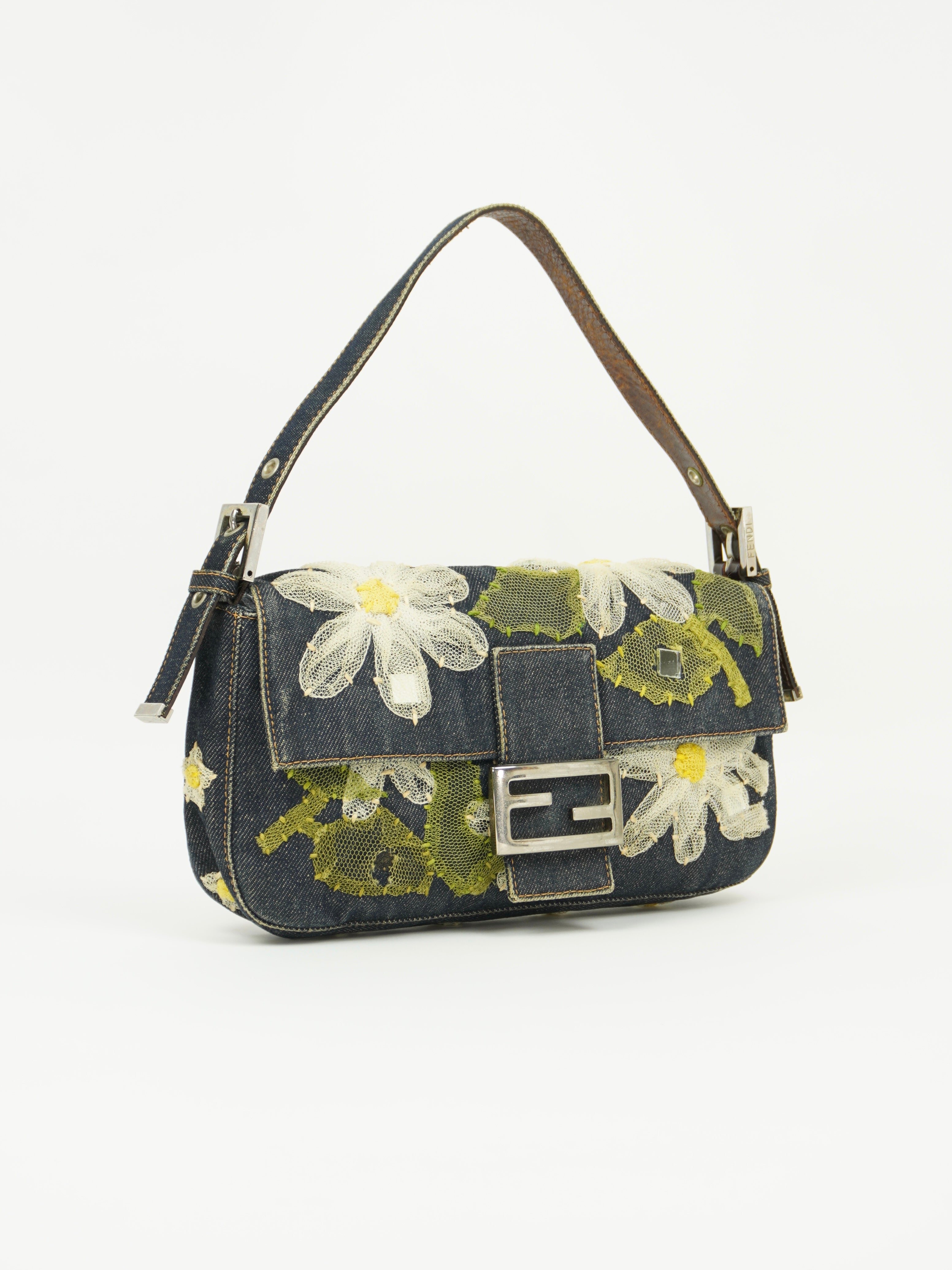 FENDI DENIM BAGUETTE WITH FLOWER DETAILING
