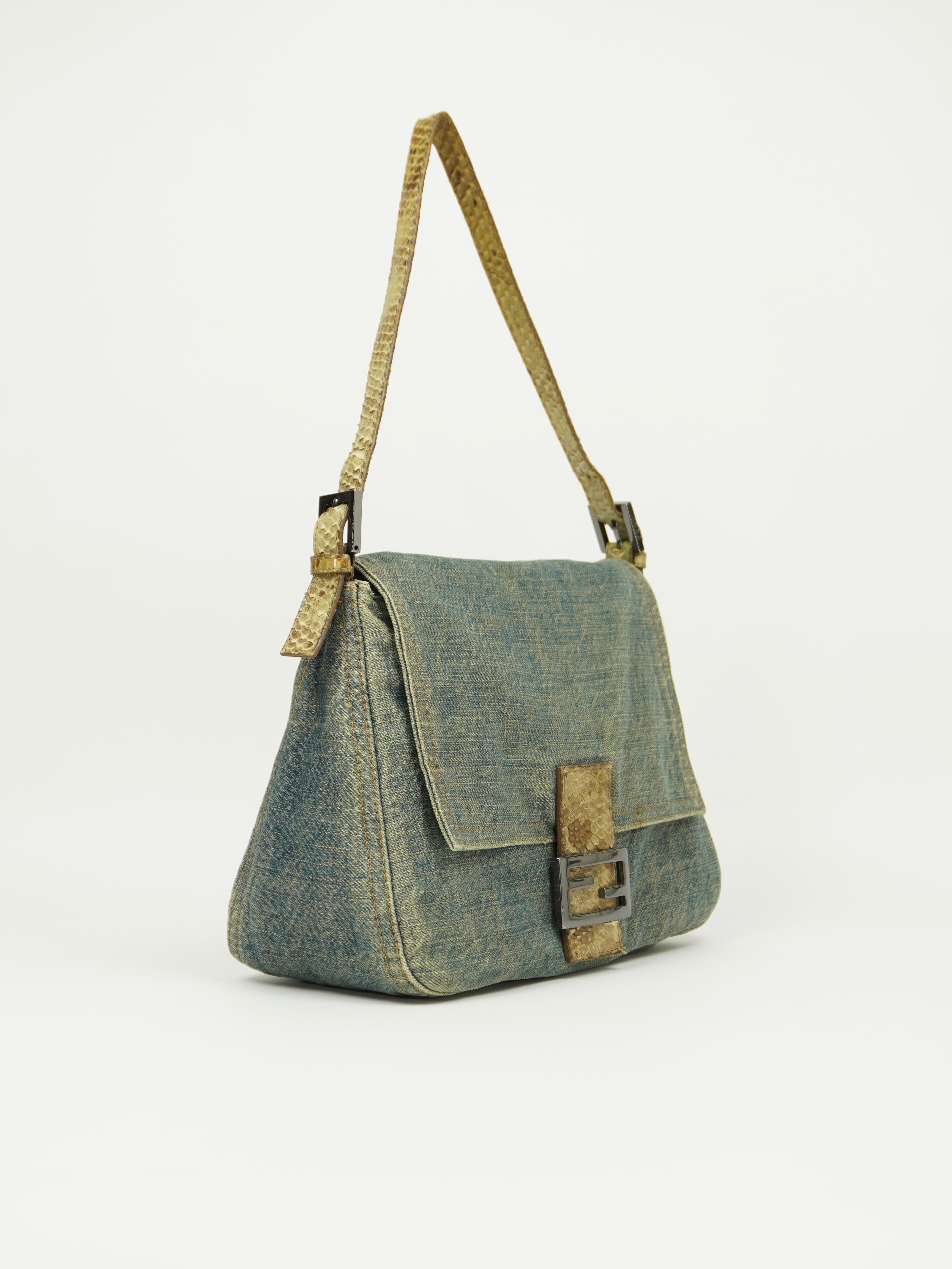 FENDI MAMA DENIM BAGUETTE WITH LIZARD TRIM