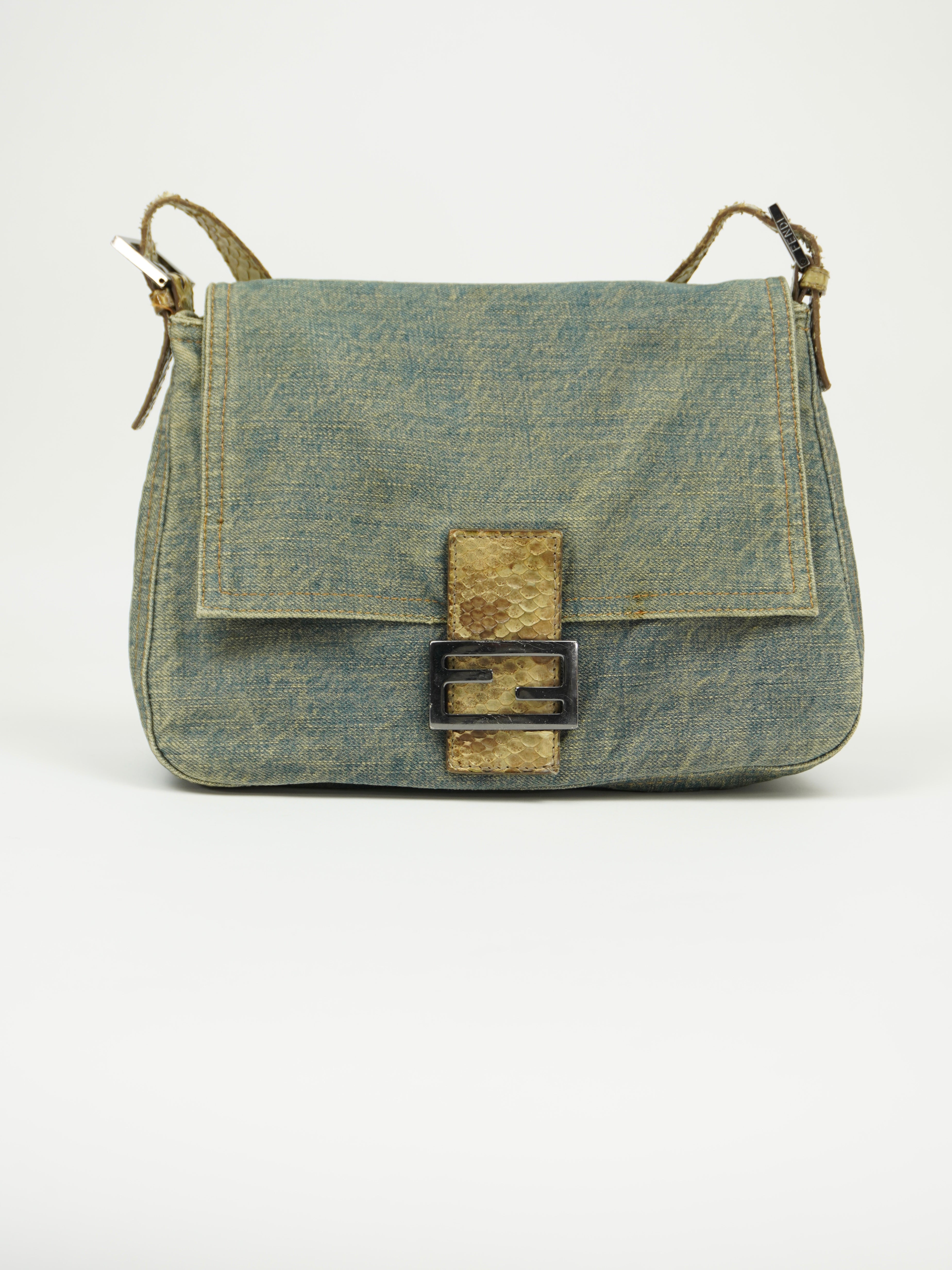 FENDI MAMA DENIM BAGUETTE WITH LIZARD TRIM