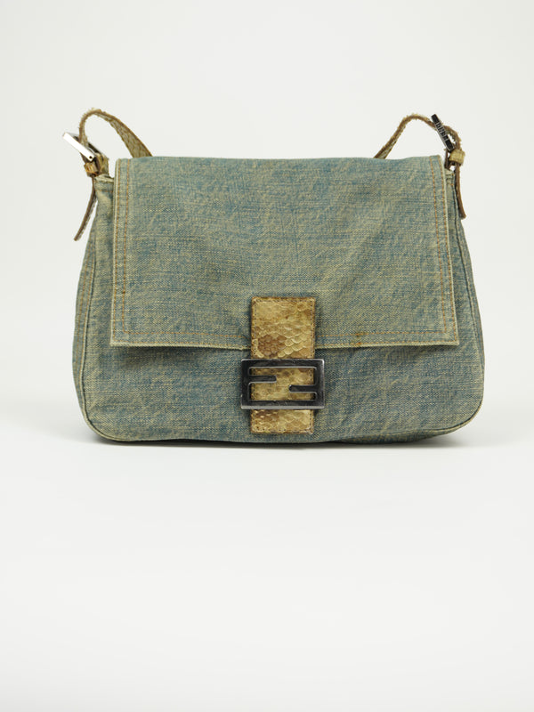 FENDI MAMA DENIM BAGUETTE WITH LIZARD TRIM