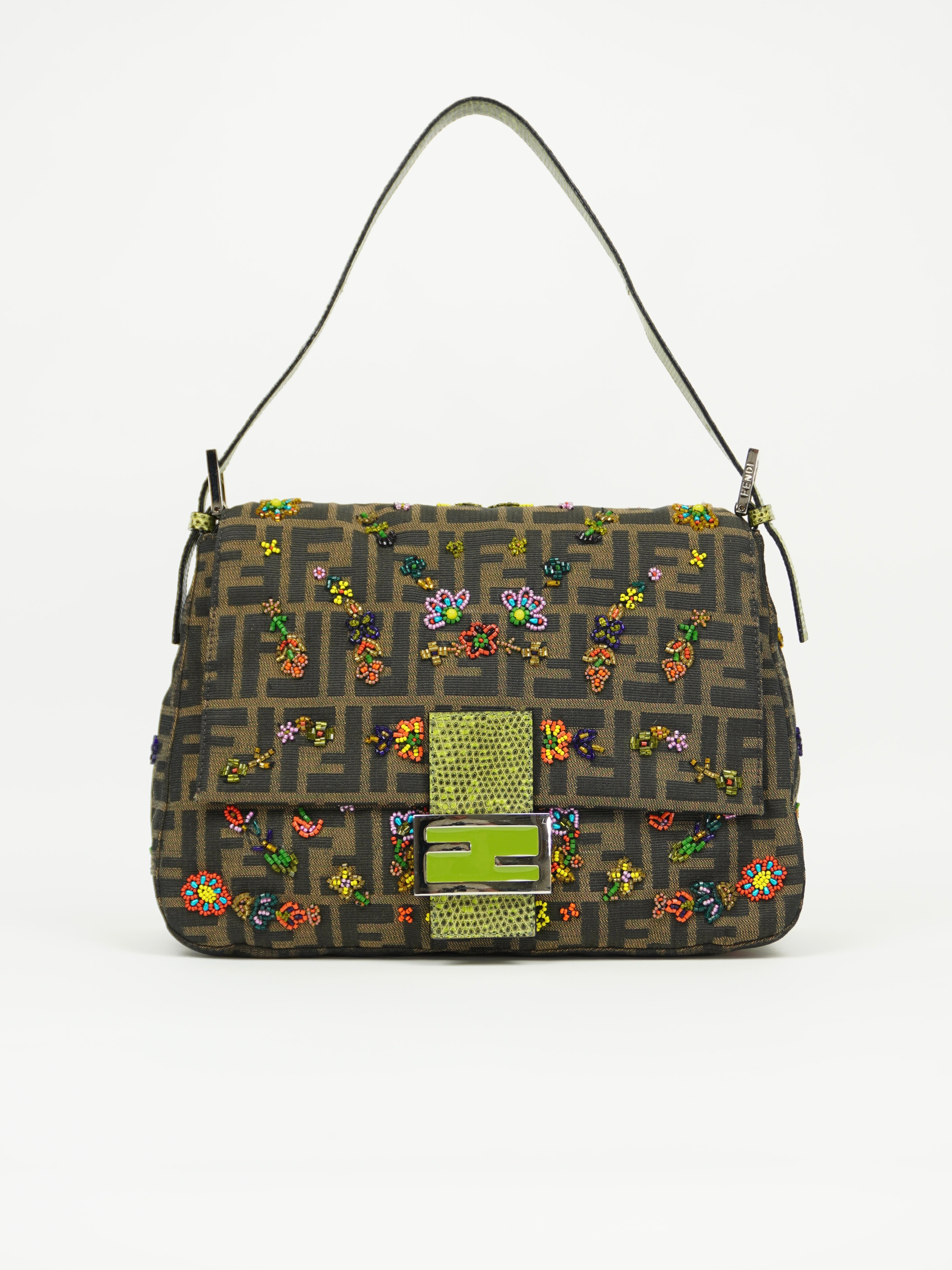 FENDI MAMA BEADED BAGUETTE WITH LIZARD TRIM