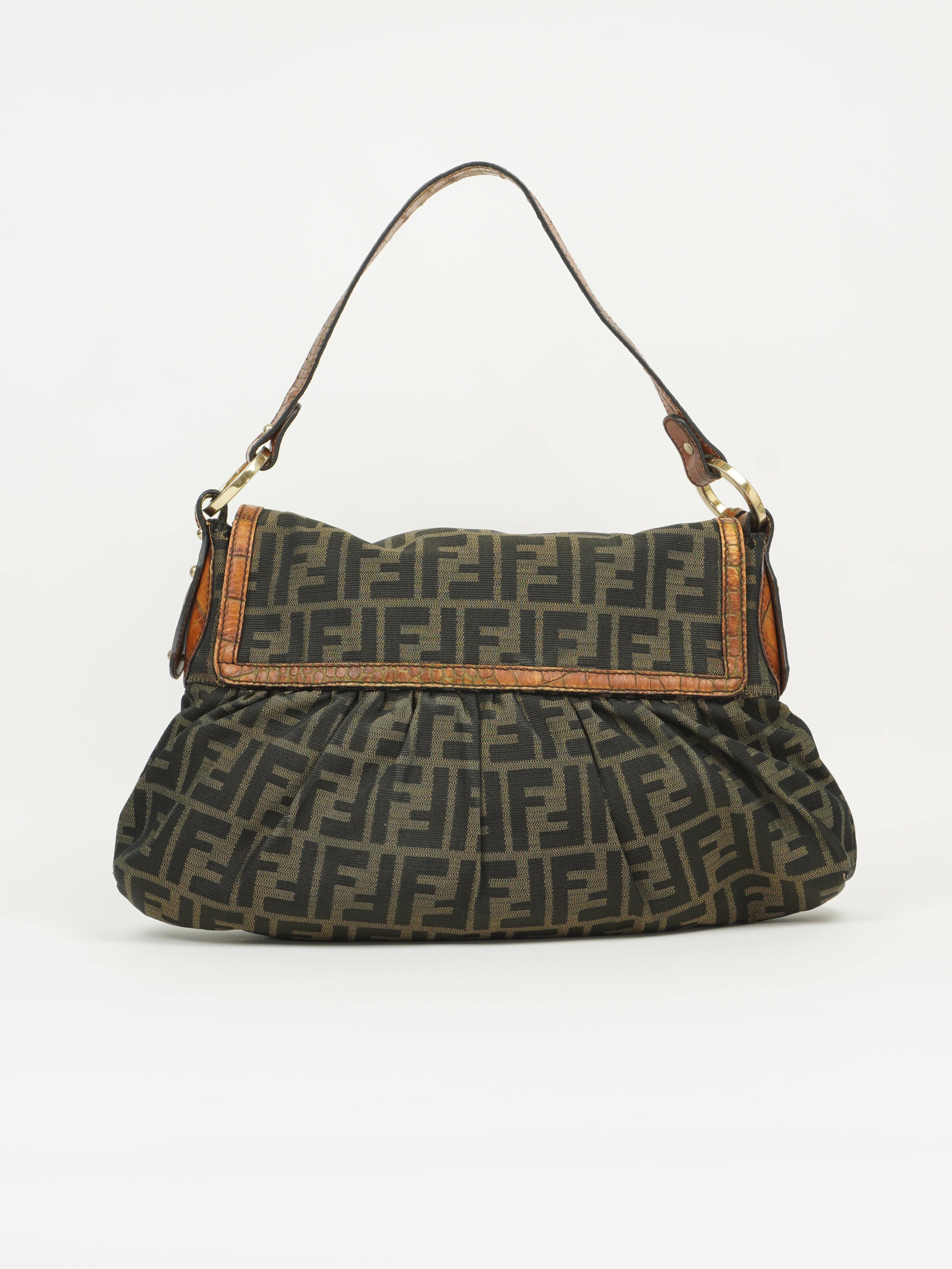 FENDI ZUCCA SHOULDER BAG WITH CROCODILE EMBOSSED TRIM