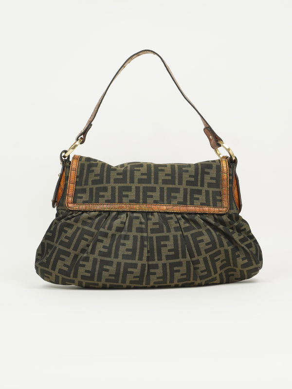 FENDI ZUCCA SHOULDER BAG WITH CROCODILE EMBOSSED TRIM
