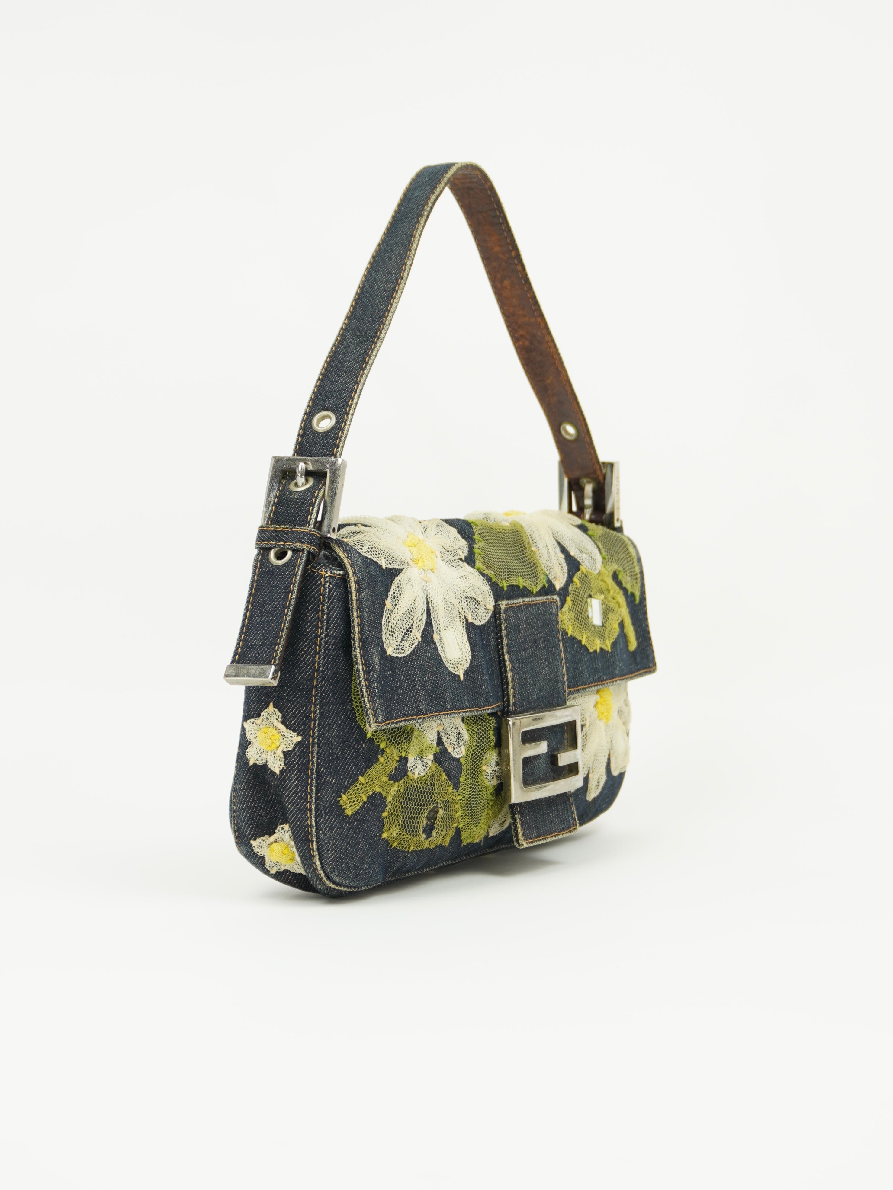 FENDI DENIM BAGUETTE WITH FLOWER DETAILING