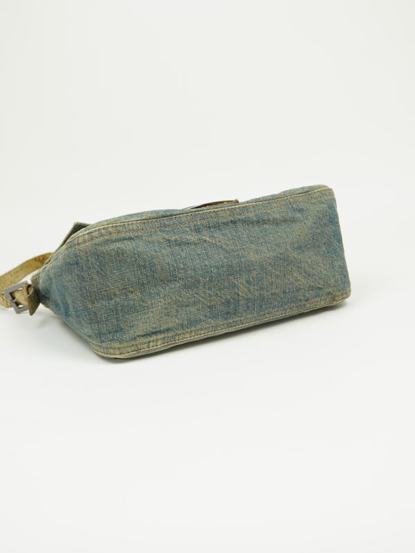 FENDI MAMA DENIM BAGUETTE WITH LIZARD TRIM