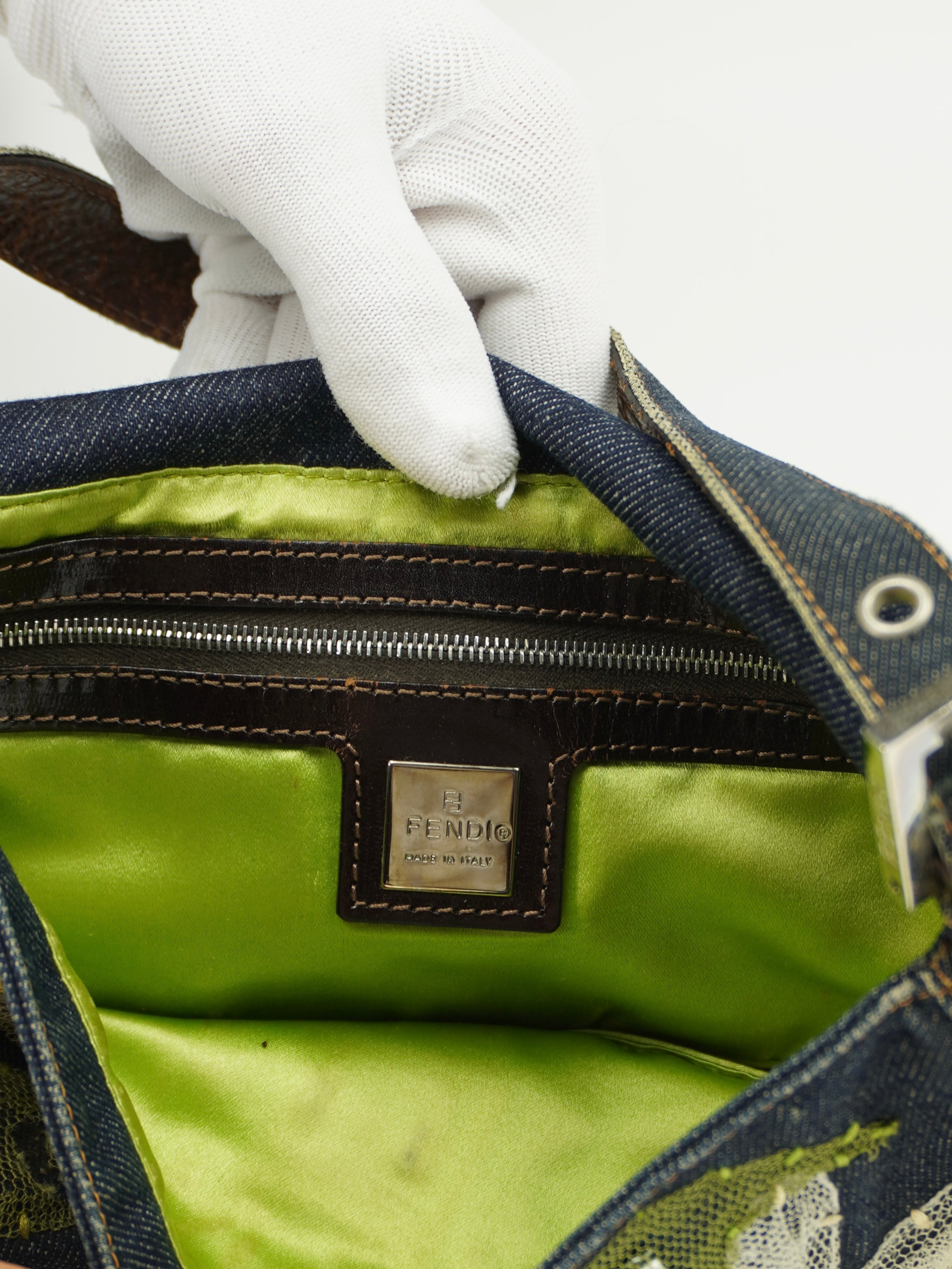 FENDI DENIM BAGUETTE WITH FLOWER DETAILING