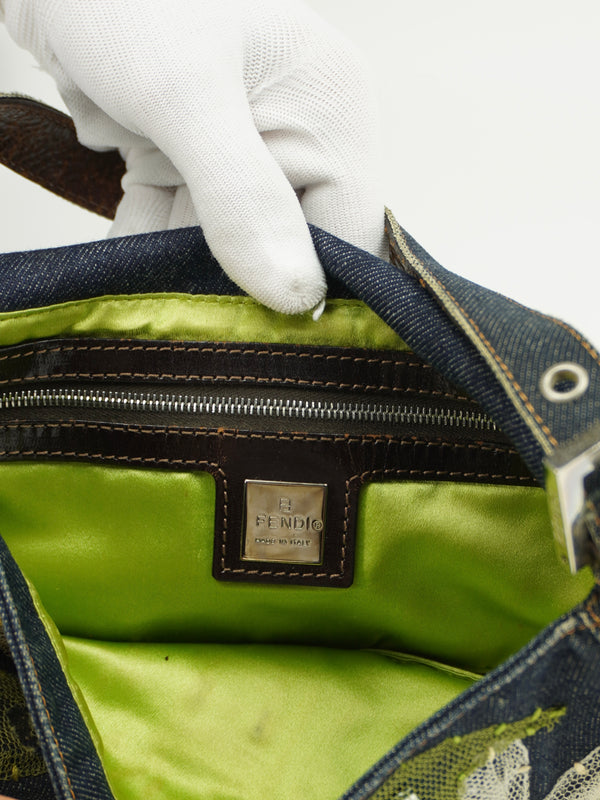 FENDI DENIM BAGUETTE WITH FLOWER DETAILING