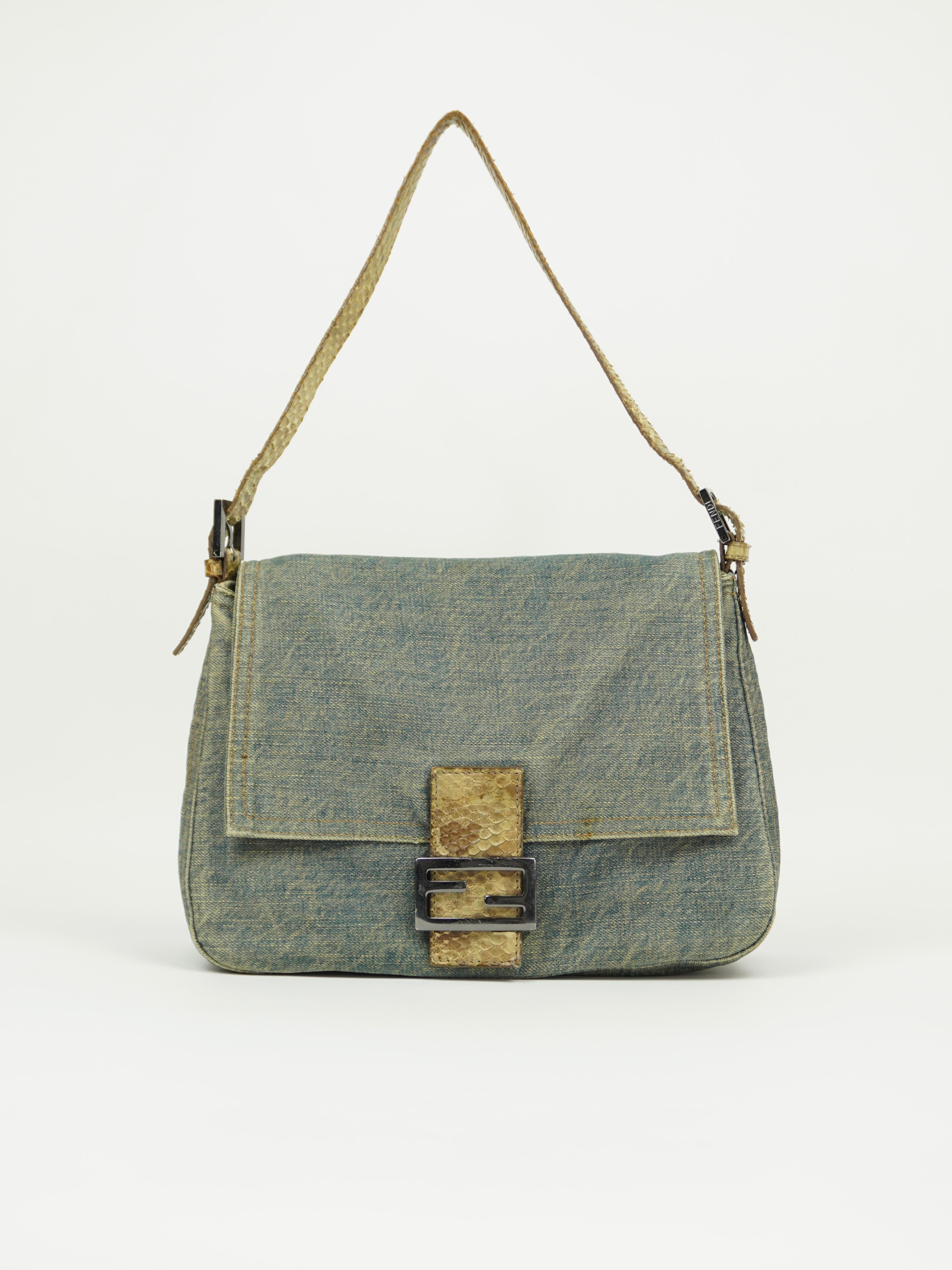 FENDI MAMA DENIM BAGUETTE WITH LIZARD TRIM