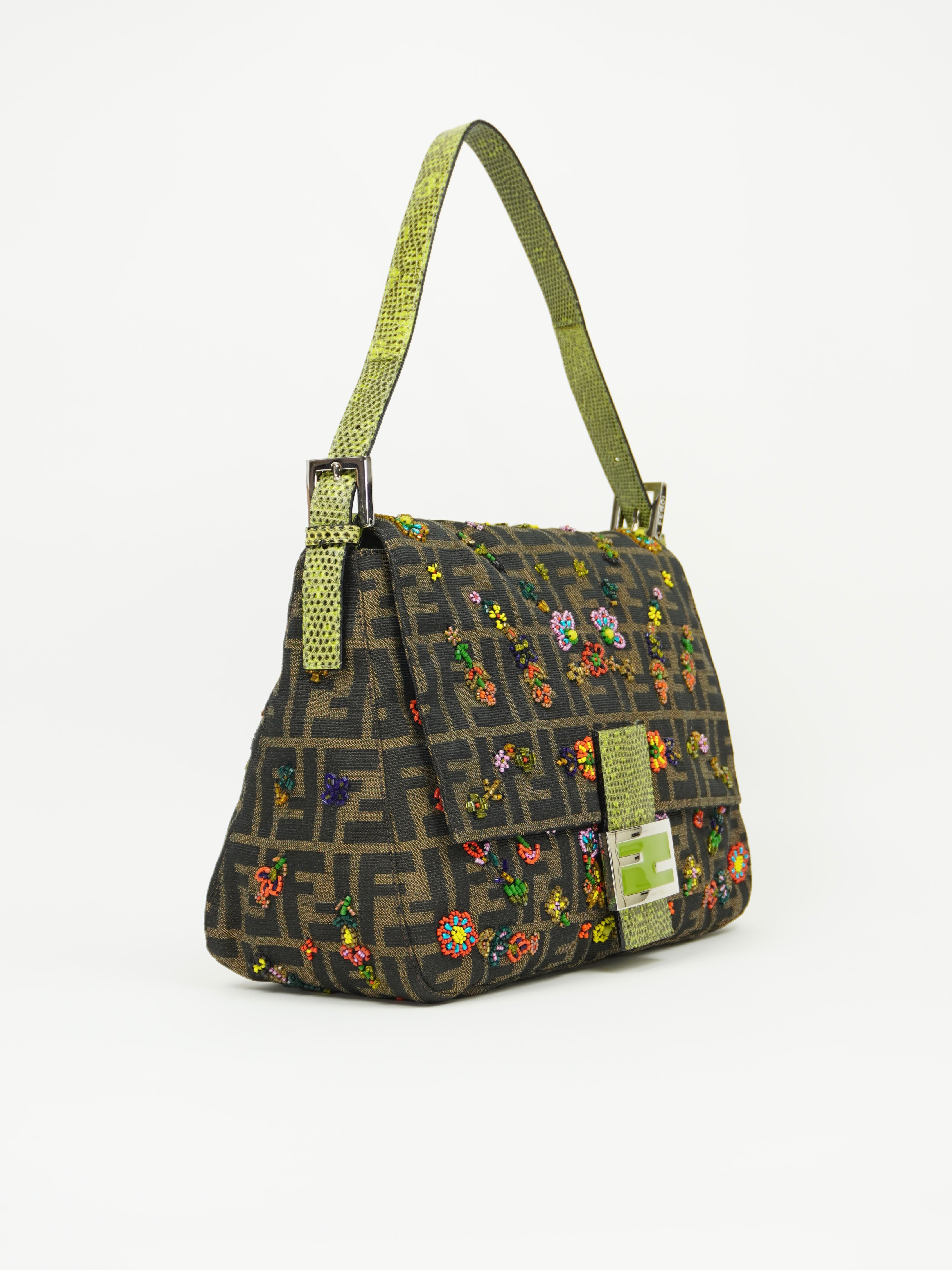 FENDI MAMA BEADED BAGUETTE WITH LIZARD TRIM