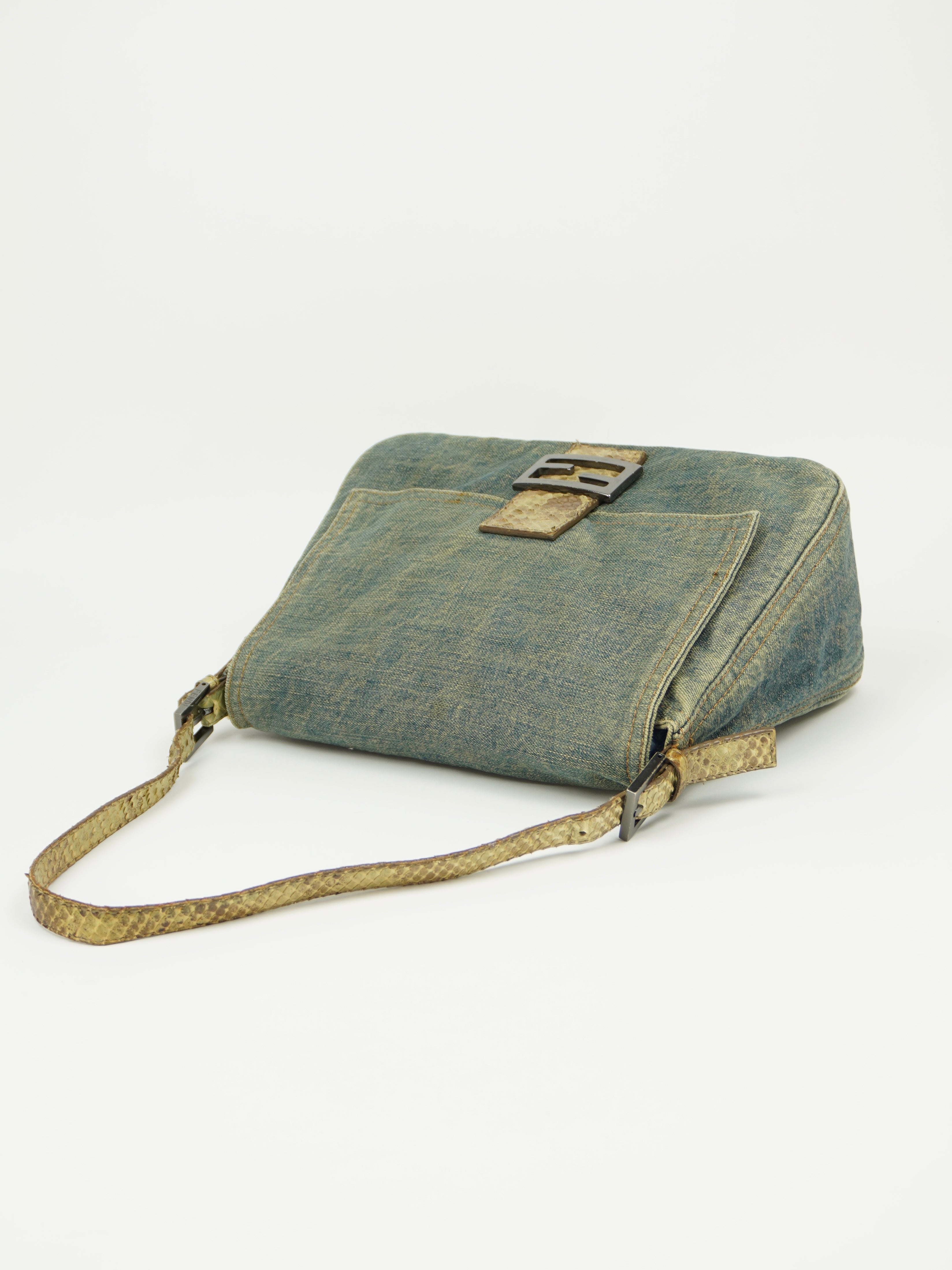 FENDI MAMA DENIM BAGUETTE WITH LIZARD TRIM