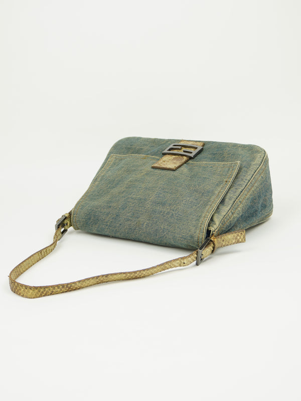 FENDI MAMA DENIM BAGUETTE WITH LIZARD TRIM