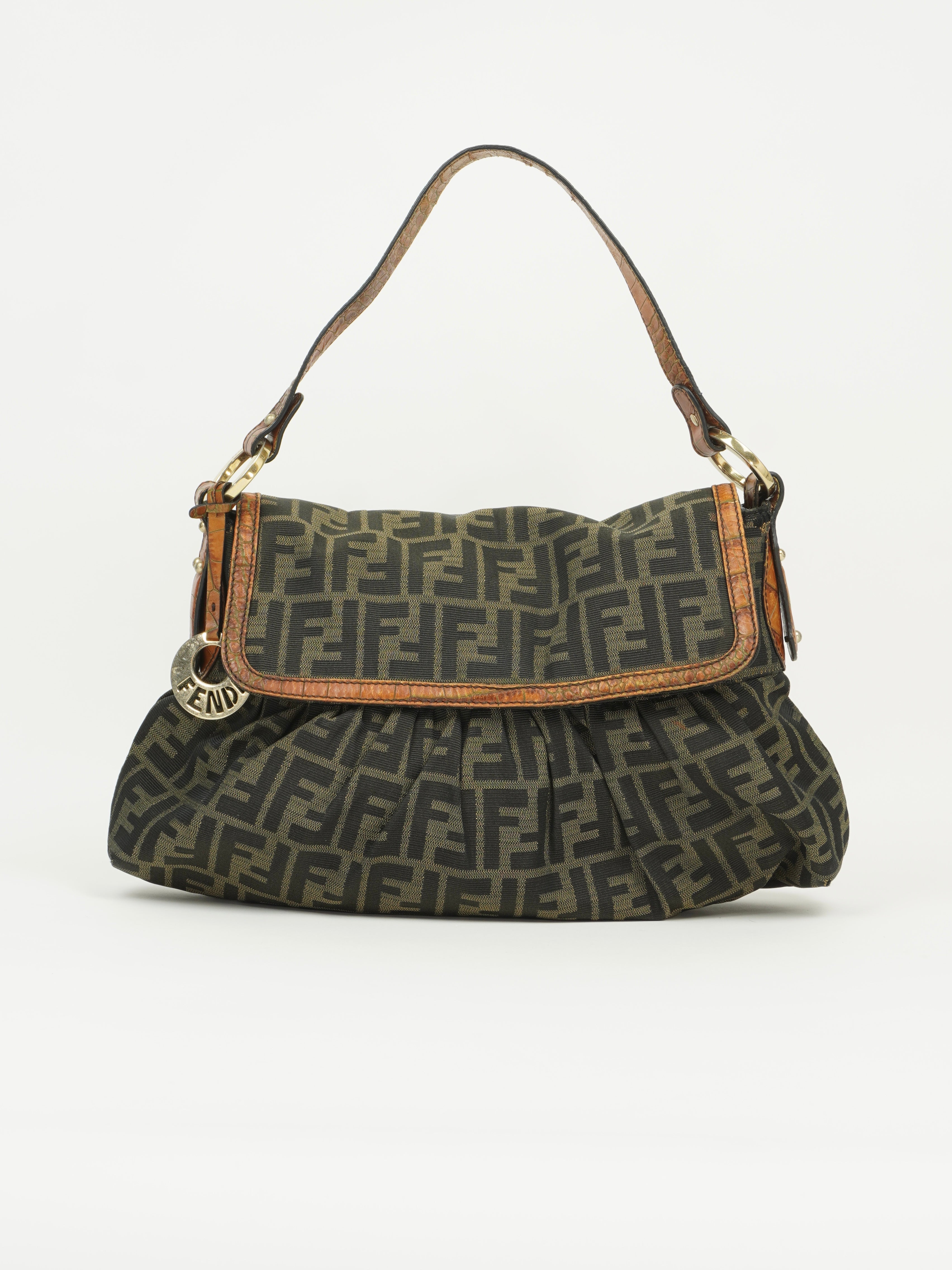 FENDI ZUCCA SHOULDER BAG WITH CROCODILE EMBOSSED TRIM