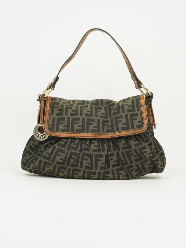 FENDI ZUCCA SHOULDER BAG WITH CROCODILE EMBOSSED TRIM