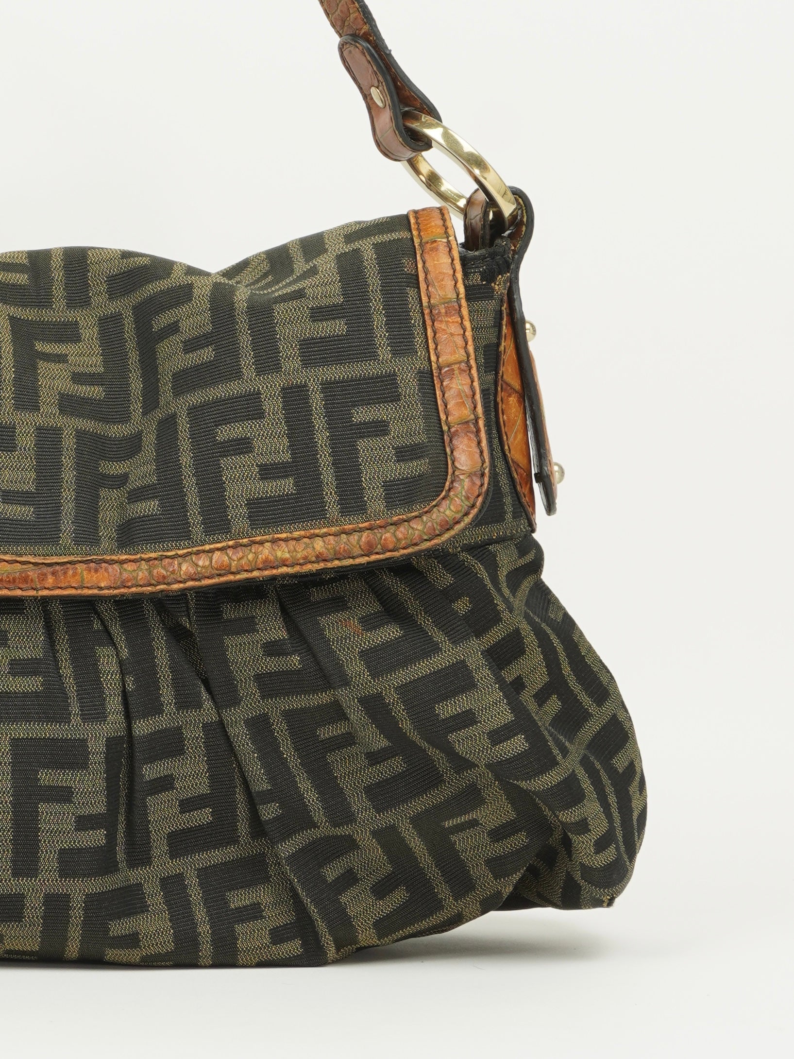 FENDI ZUCCA SHOULDER BAG WITH CROCODILE EMBOSSED TRIM