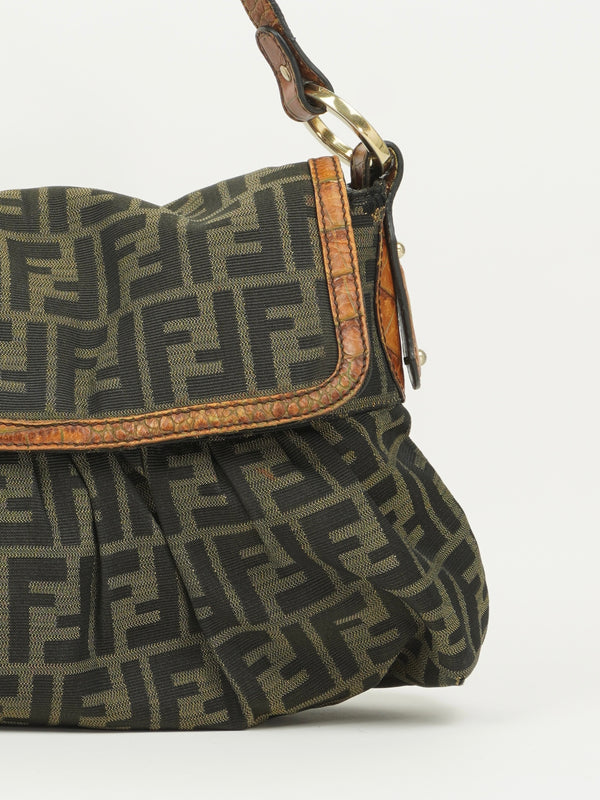 FENDI ZUCCA SHOULDER BAG WITH CROCODILE EMBOSSED TRIM