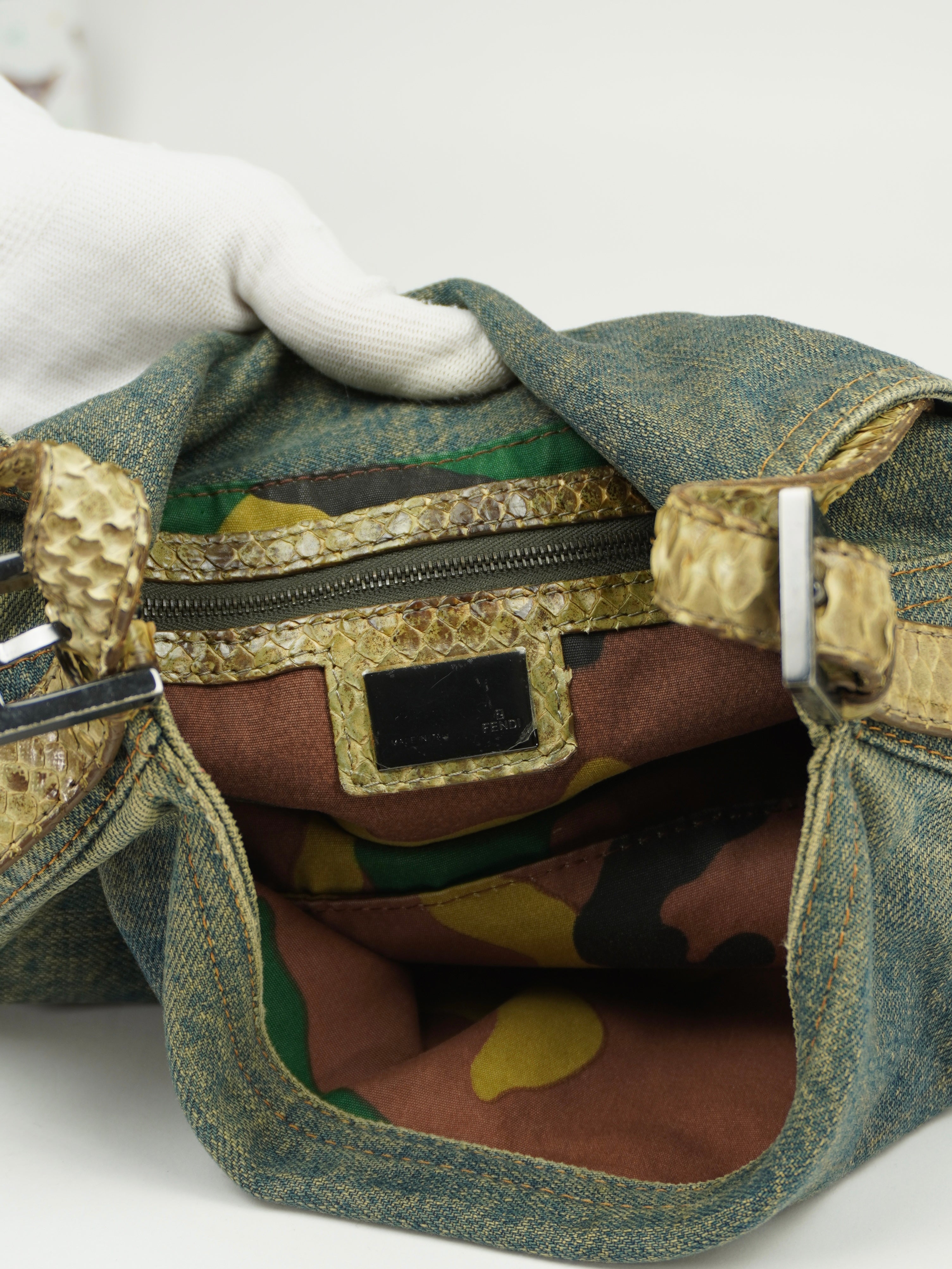 FENDI MAMA DENIM BAGUETTE WITH LIZARD TRIM