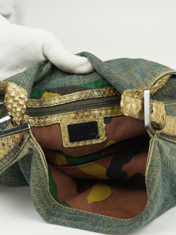 FENDI MAMA DENIM BAGUETTE WITH LIZARD TRIM