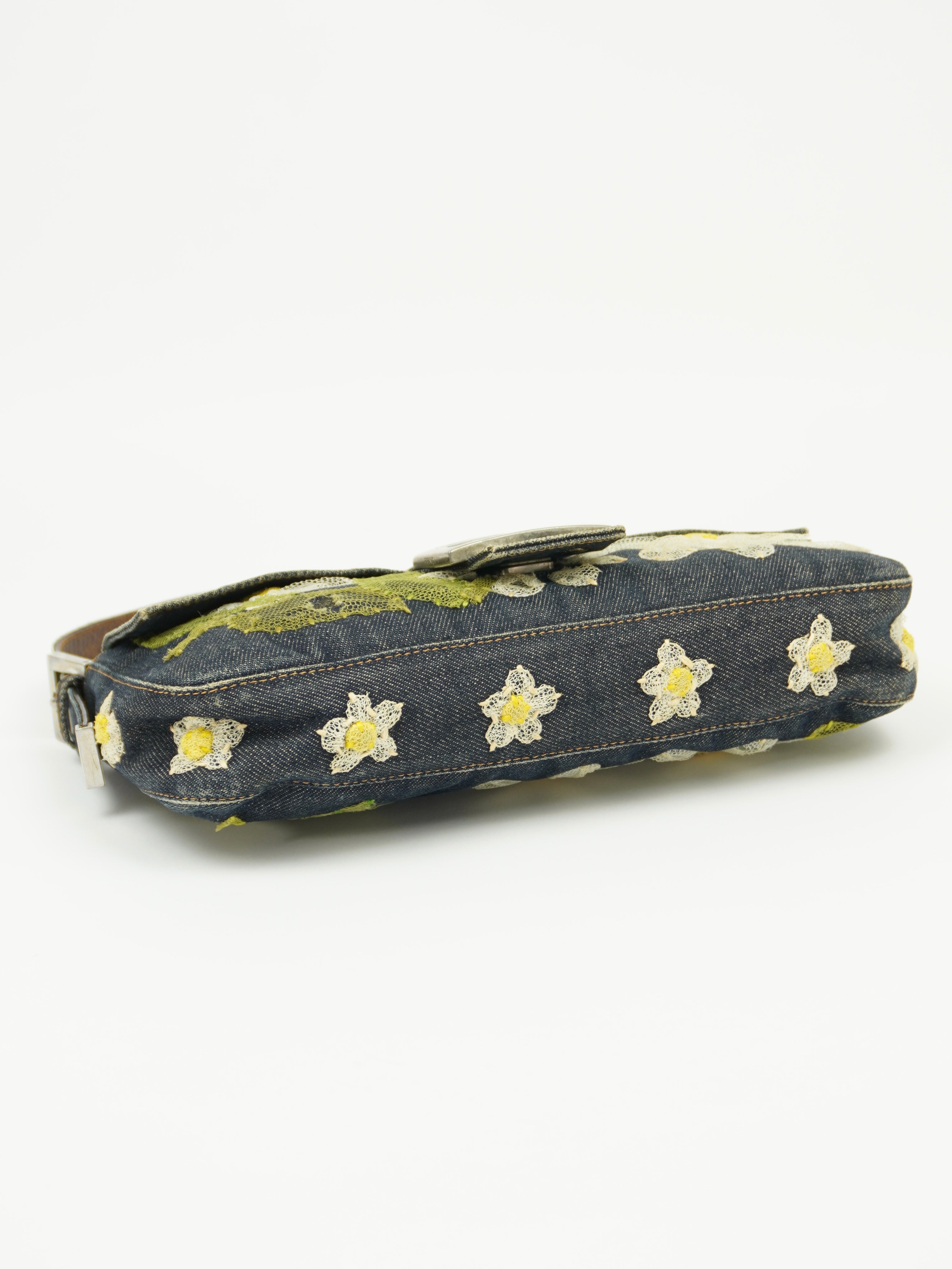 FENDI DENIM BAGUETTE WITH FLOWER DETAILING