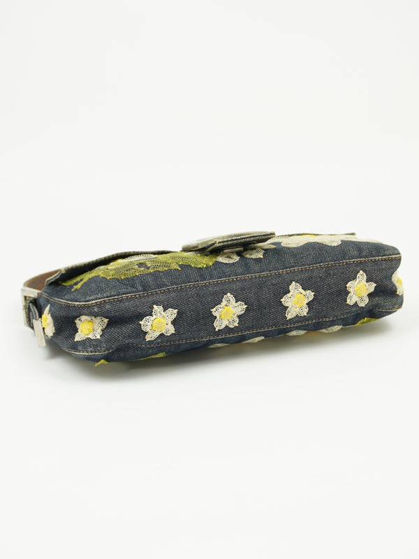 FENDI DENIM BAGUETTE WITH FLOWER DETAILING