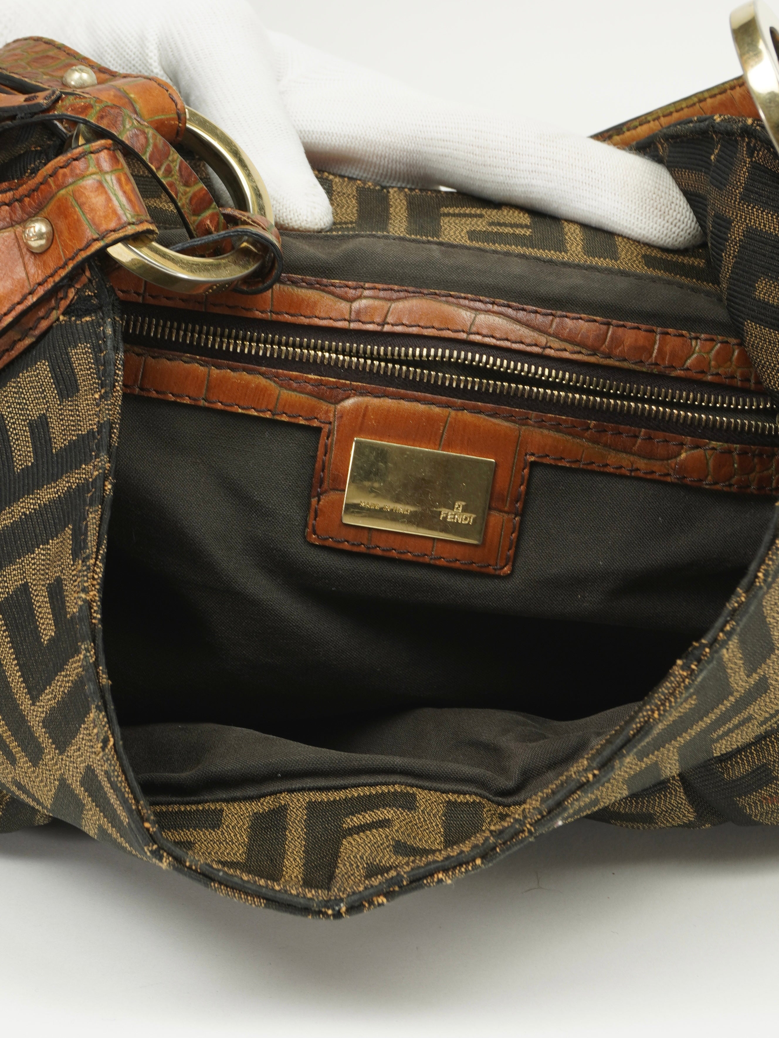 FENDI ZUCCA SHOULDER BAG WITH CROCODILE EMBOSSED TRIM