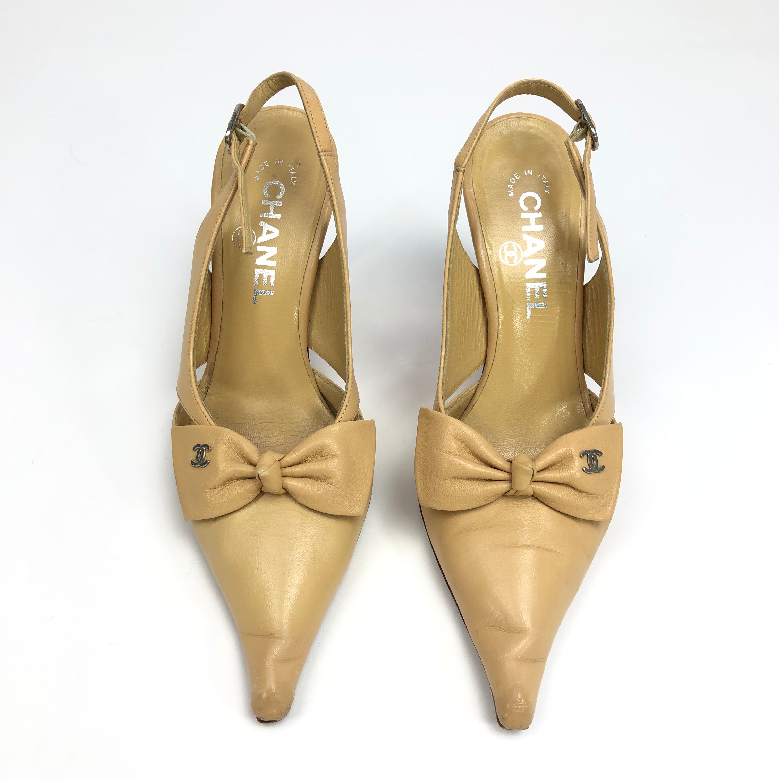 CHANEL LOGO BOW SLING-BACK HEELS -  UK 1.5, US 3.5, EU 34.5