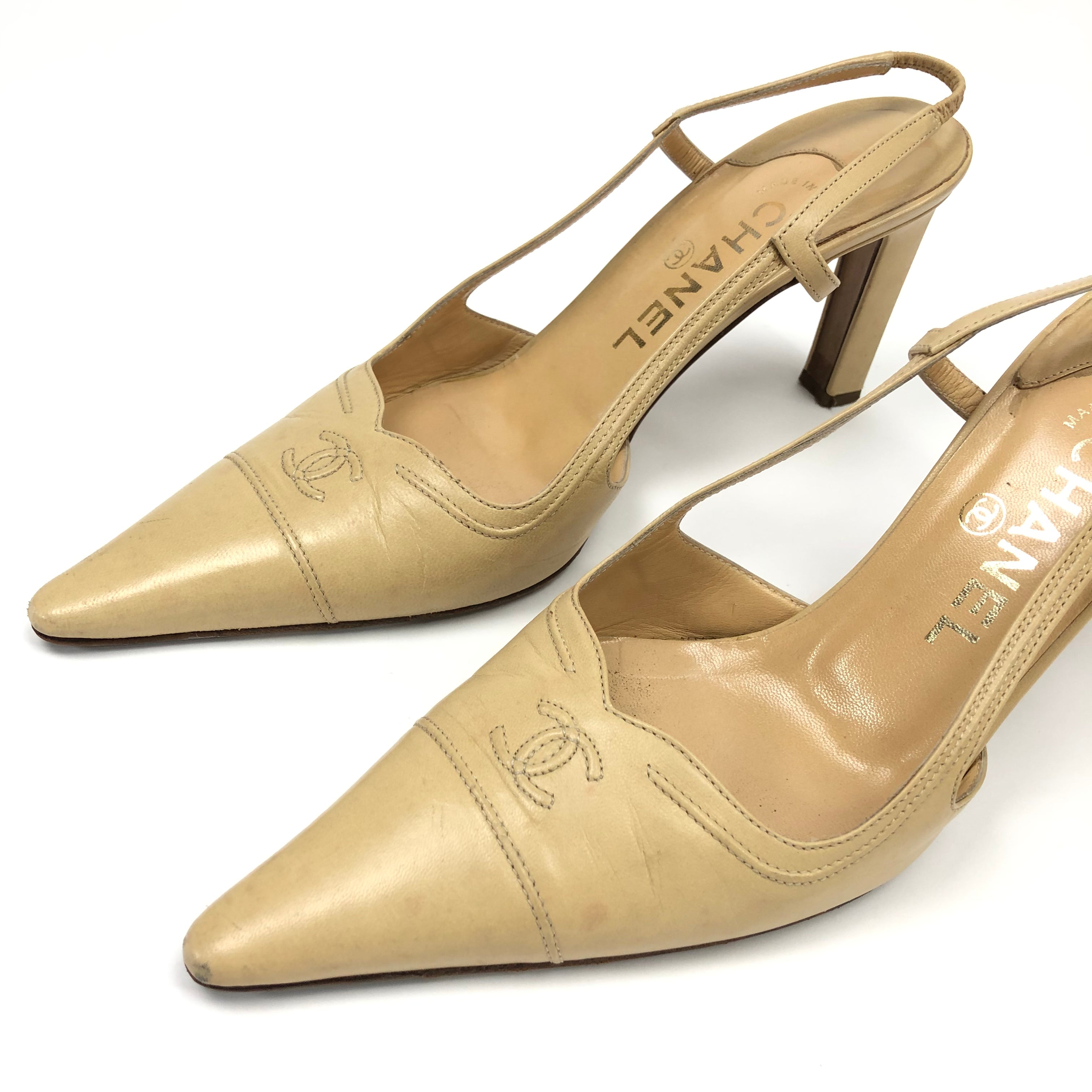 CHANEL LOGO SLING-BACK MULE HEELS