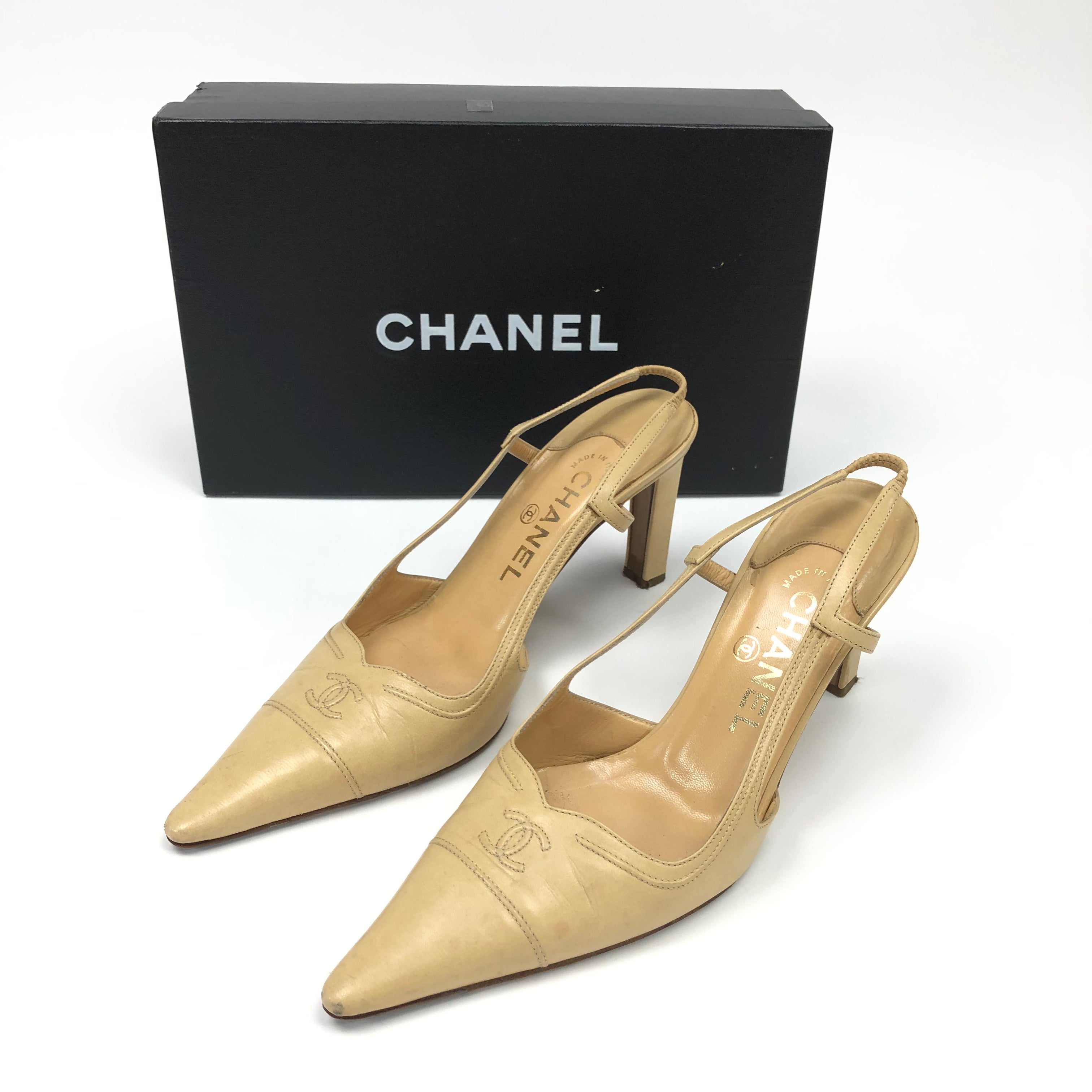 CHANEL LOGO SLING-BACK MULE HEELS