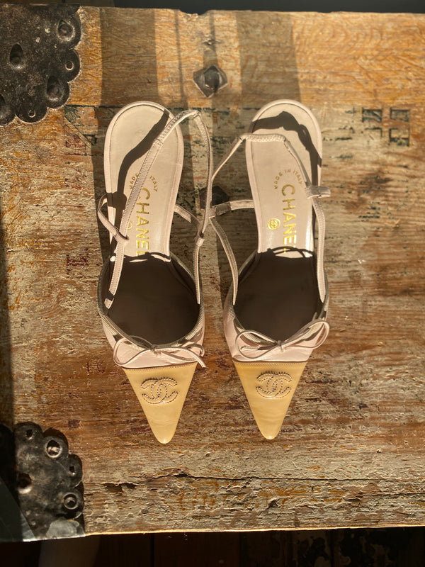 CHANEL LOGO BOW SLING-BACK MULE HEELS - UK 2.5 / US 4.5 / EU 35.5