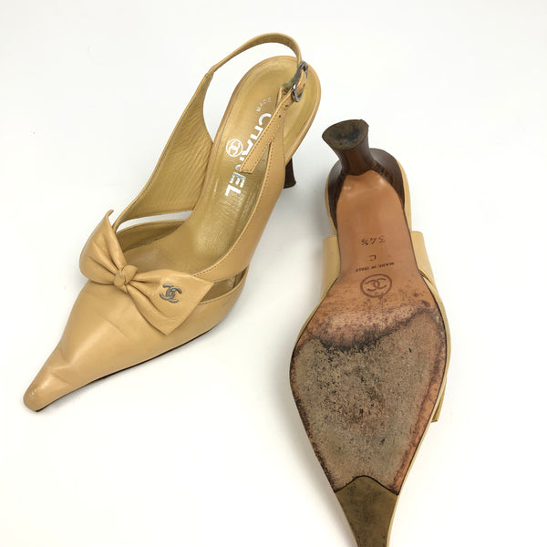 CHANEL LOGO BOW SLING-BACK HEELS -  UK 1.5, US 3.5, EU 34.5