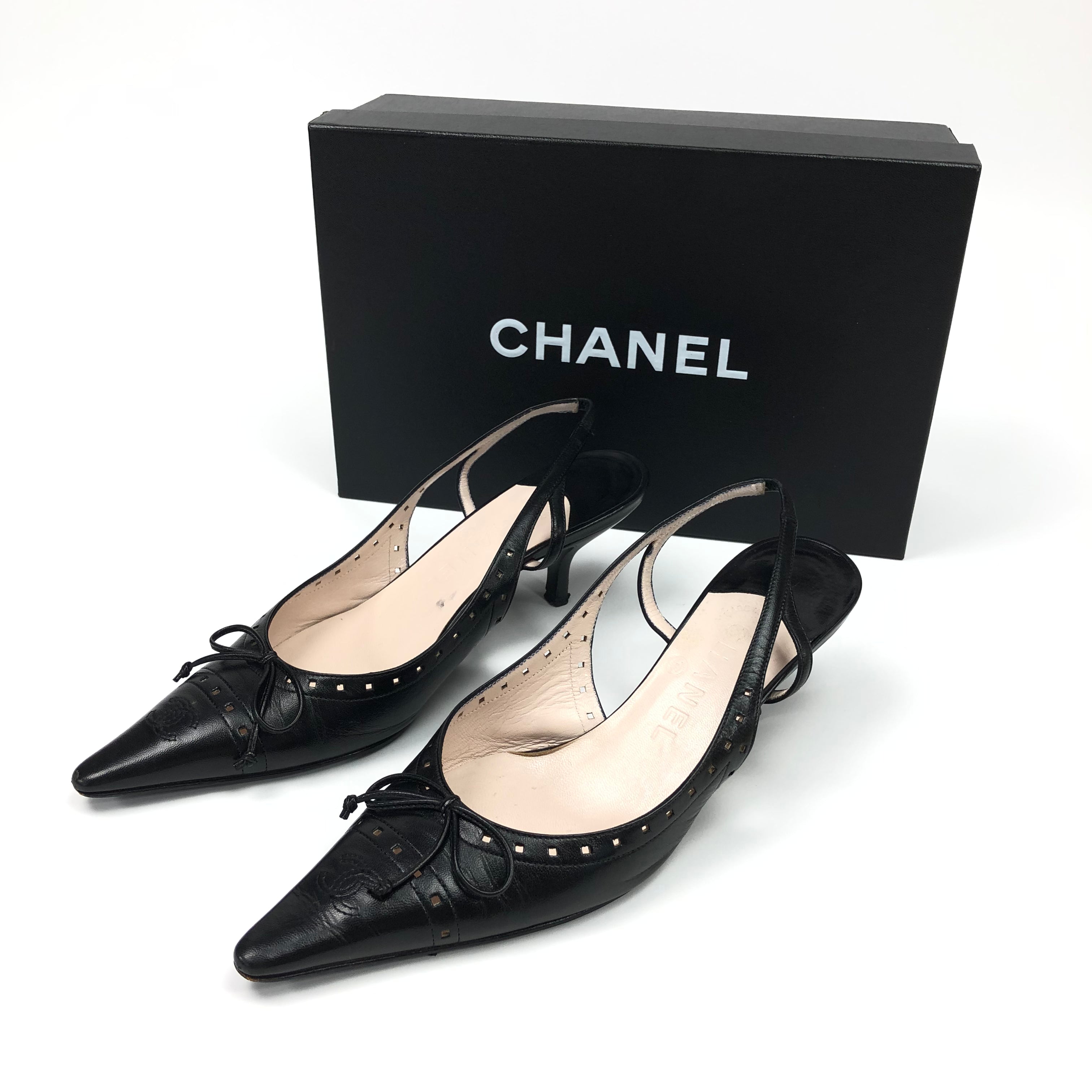 CHANEL LOGO SLING-BACK MULE HEELS