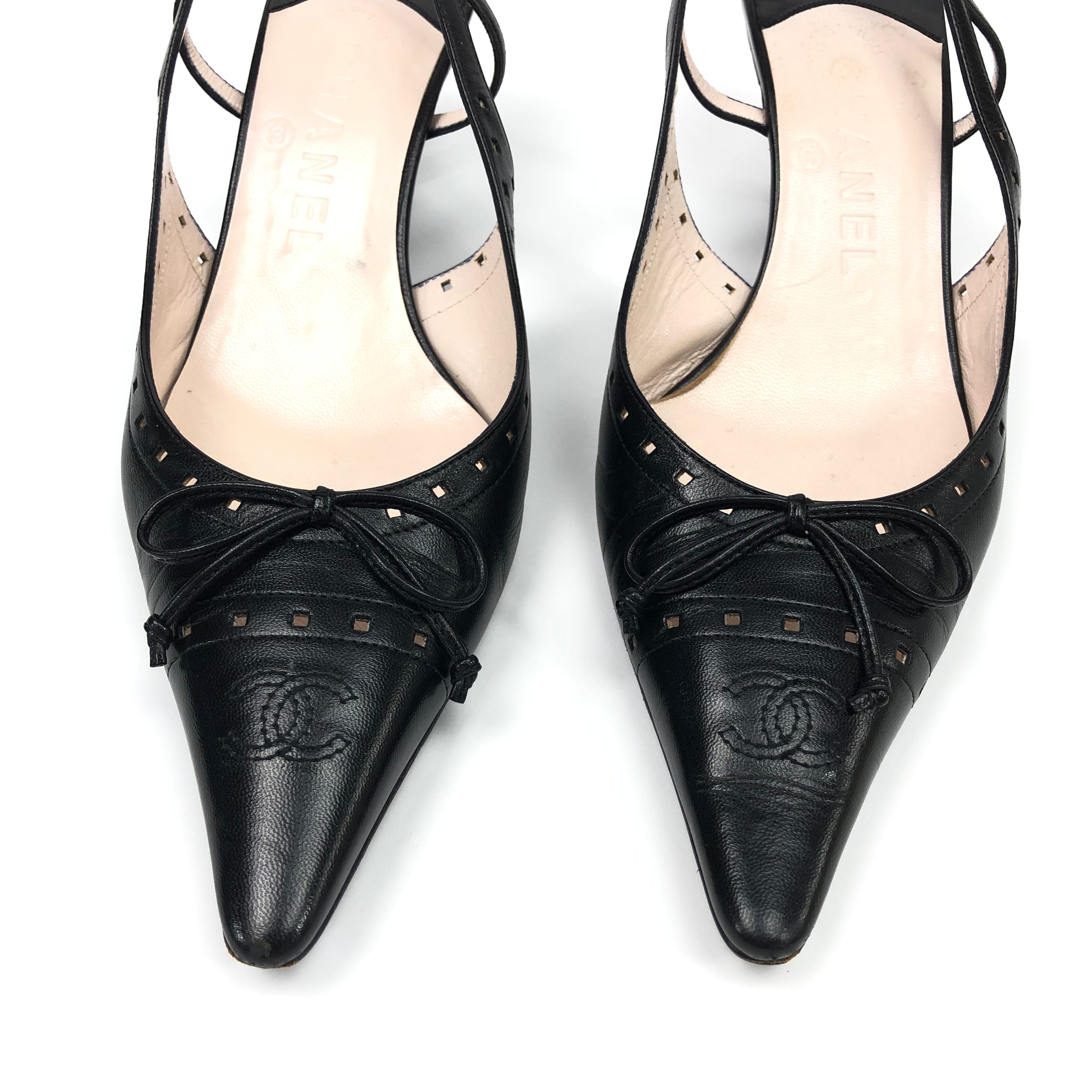 CHANEL LOGO SLING-BACK MULE HEELS