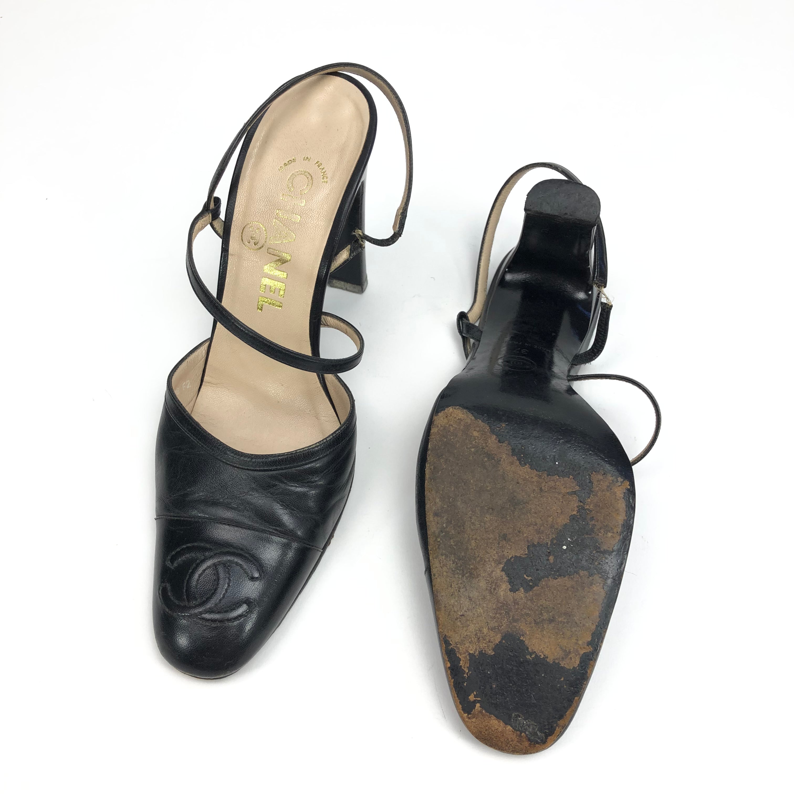 CHANEL LOGO SLING-BACK MULE HEELS -  UK 4 / US 6 / EU 37