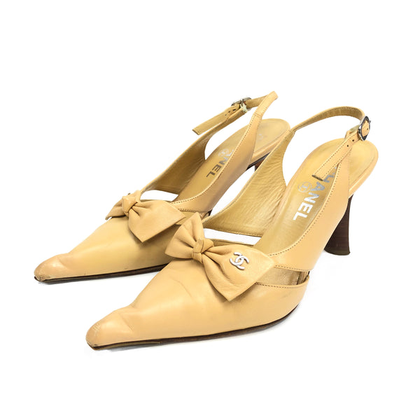 CHANEL LOGO BOW SLING-BACK HEELS -  UK 1.5, US 3.5, EU 34.5