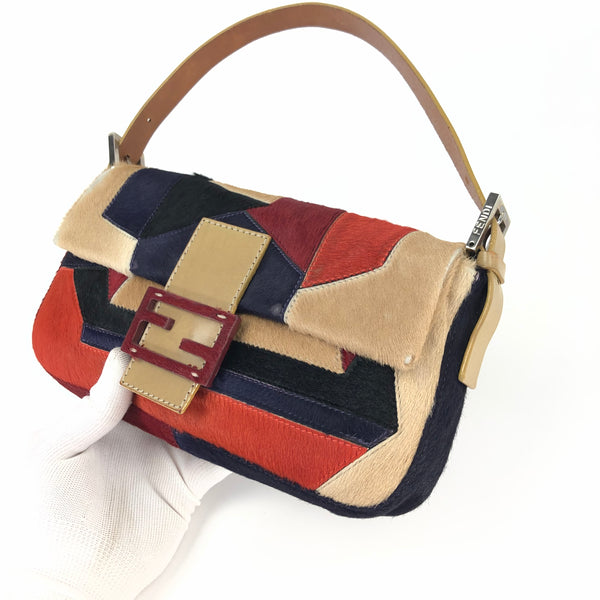 FENDI CALF HAIR PATCHWORK BAGUETTE BAG