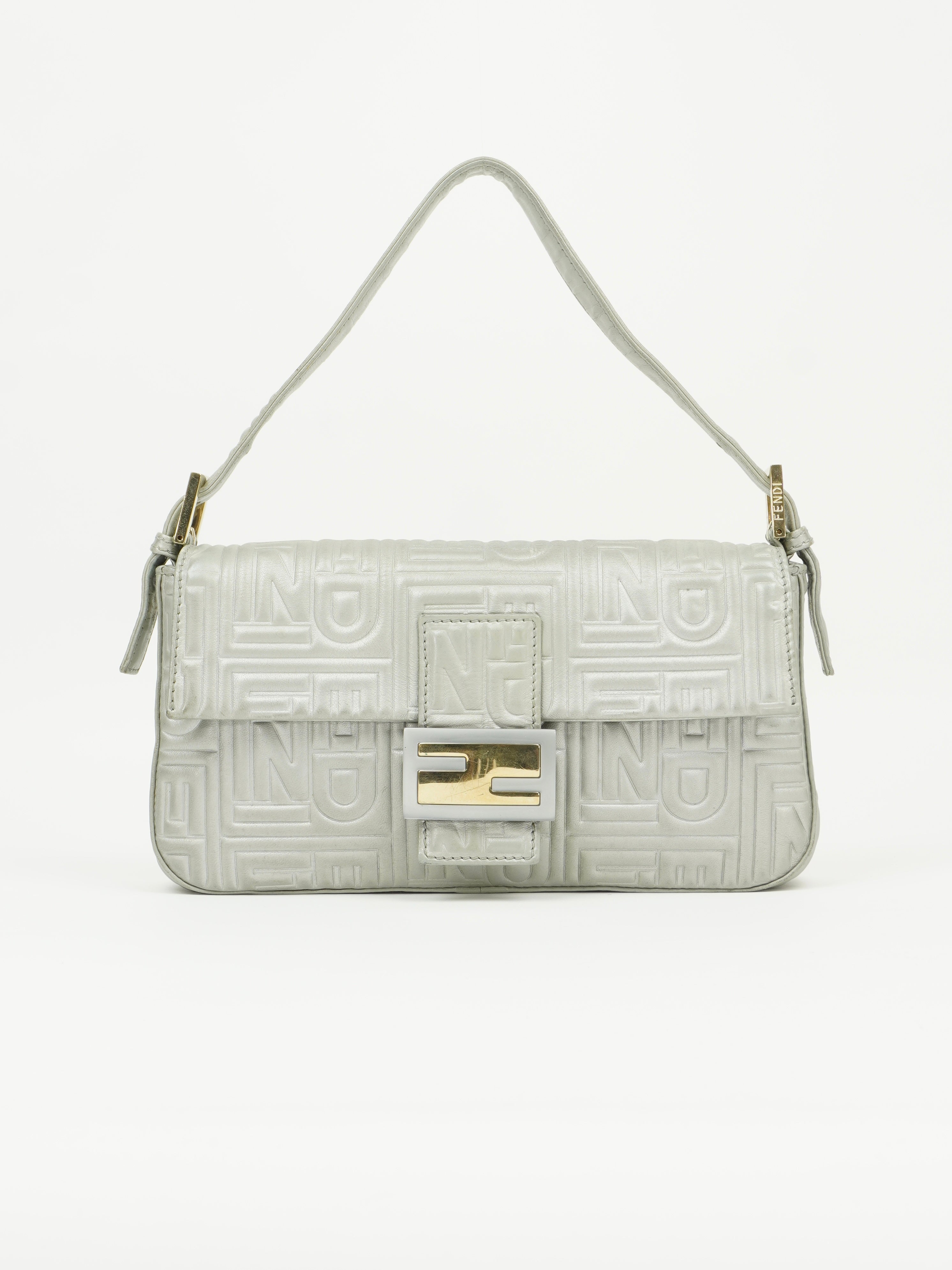FENDI SILVER LEATHER LOGO BAGUETTE