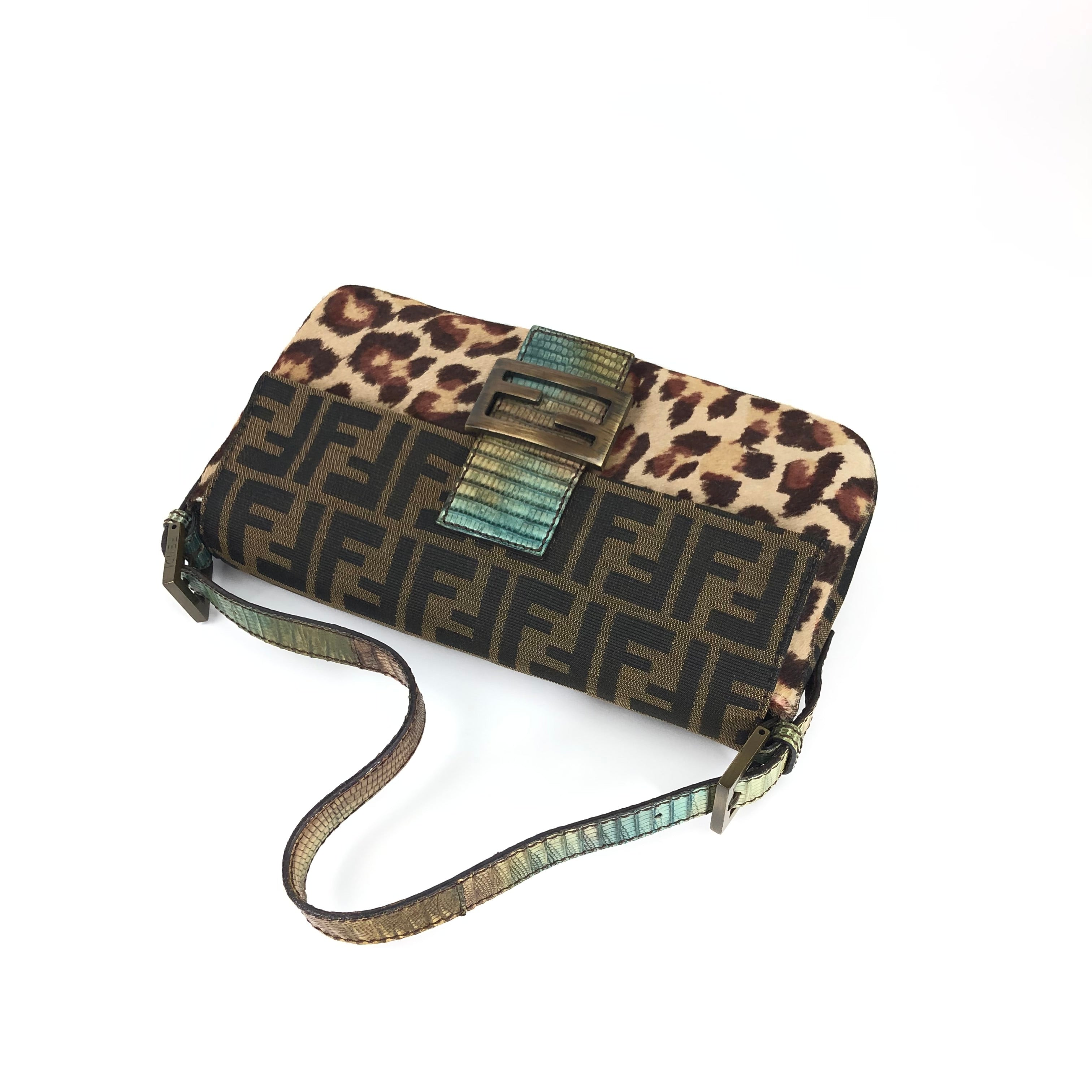 Fendi Leopard Calf Hair Zucca Baguette Bag with Exotic Lizard Detailing