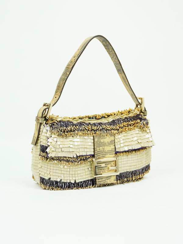 FENDI MOTHER OF PEARL BEADED BAGUETTE WITH LIZARD TRIM