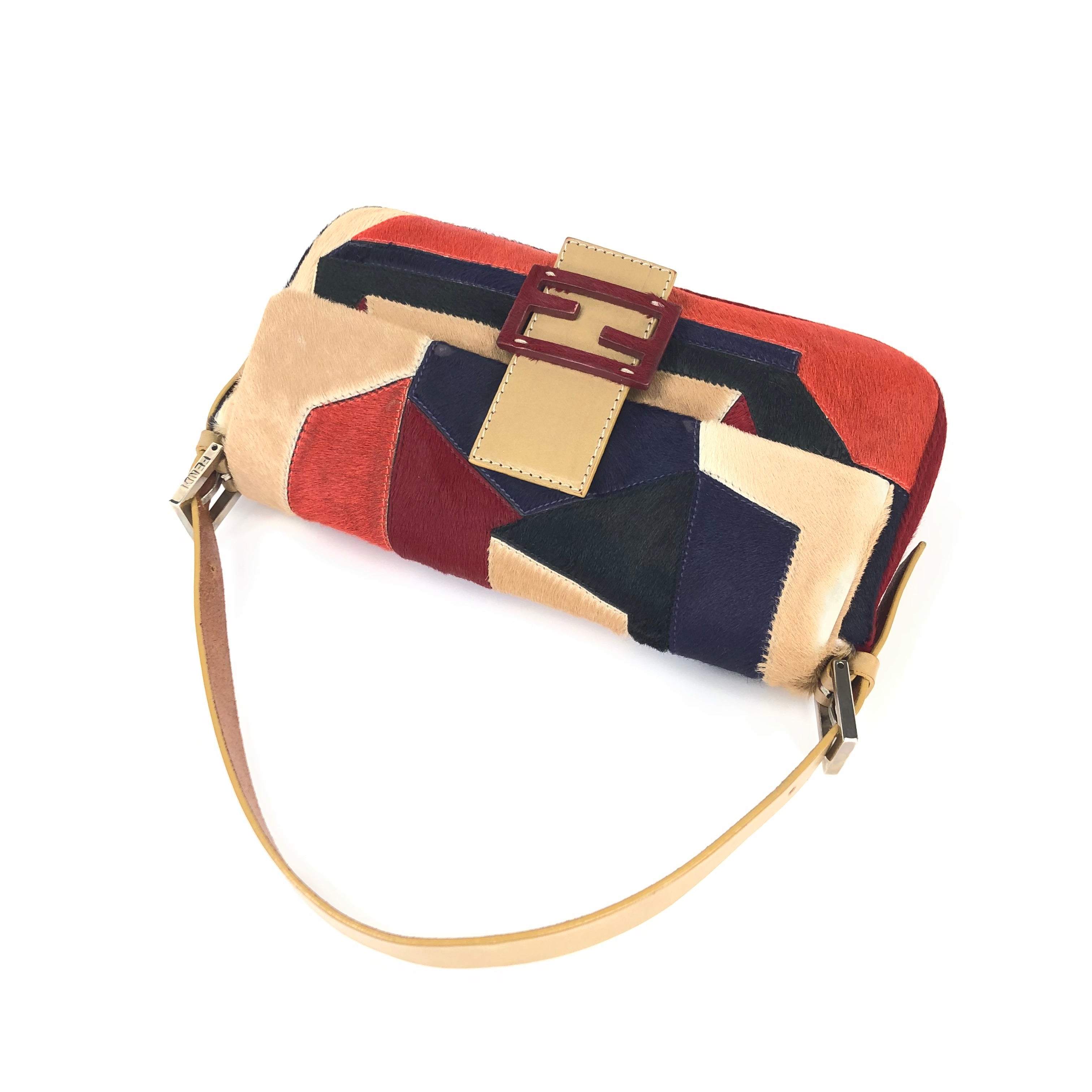 FENDI CALF HAIR PATCHWORK BAGUETTE BAG