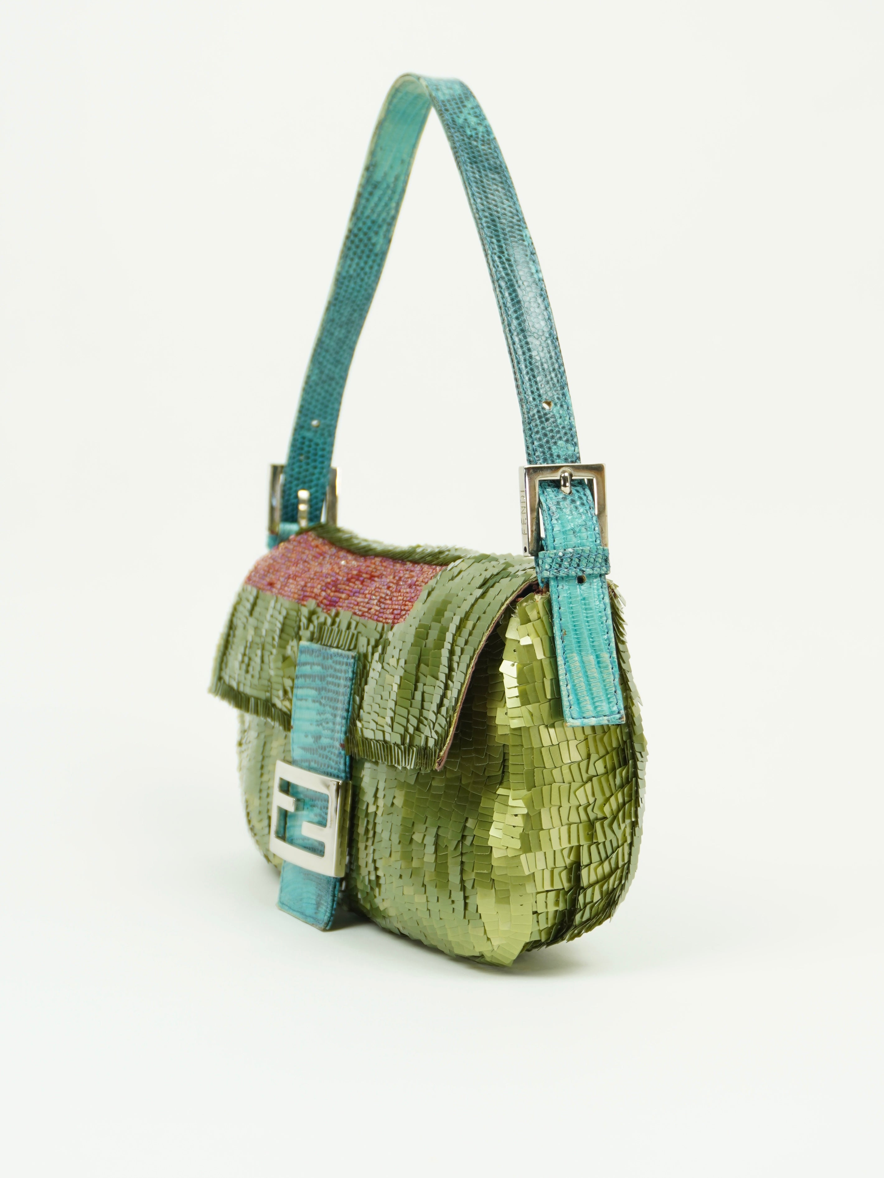 FENDI GREEN SEQUIN BAGUETTE WITH LIZARD TRIM