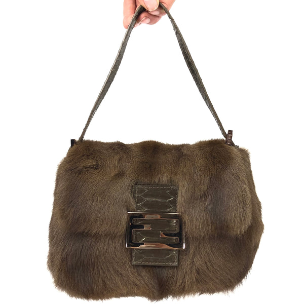 Fendi Fur Baguette Bag with Snakeskin Detailing