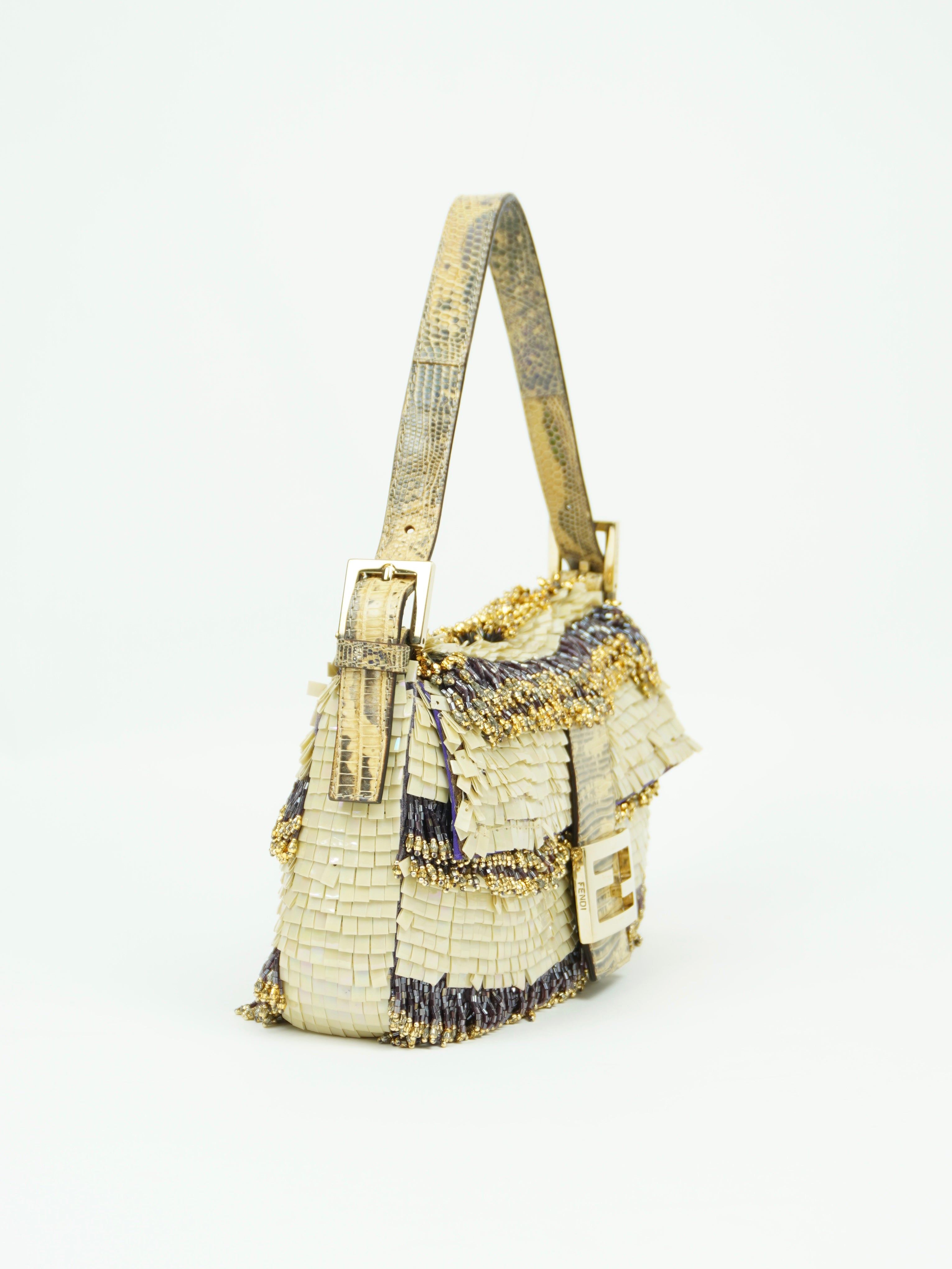 FENDI MOTHER OF PEARL BEADED BAGUETTE WITH LIZARD TRIM